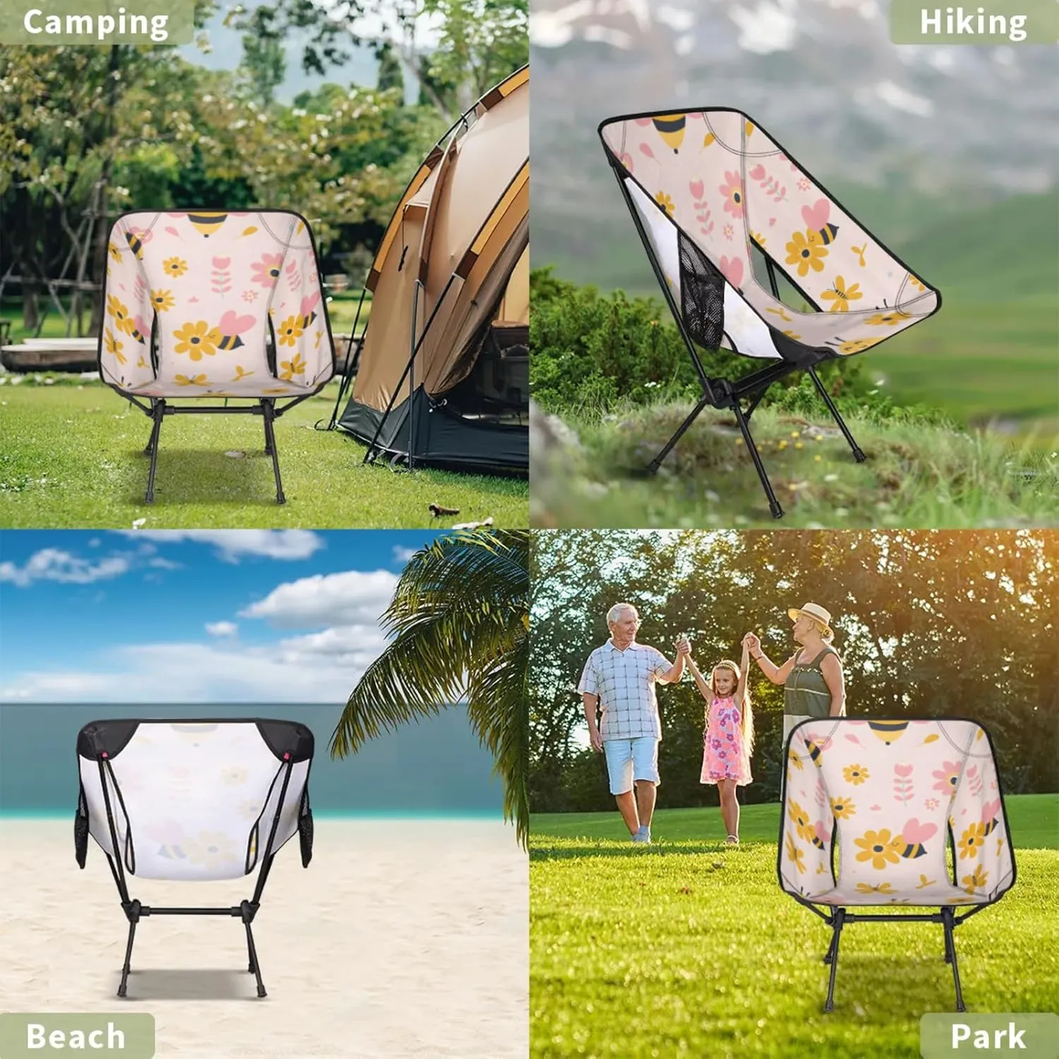 Honeybaby Folding Camping Chair Cute Bees Flower Camping Chairs Lightweight Portable Chair Outdoor Foldable Chairs for Camping Travel Picnic Beach Hiking
