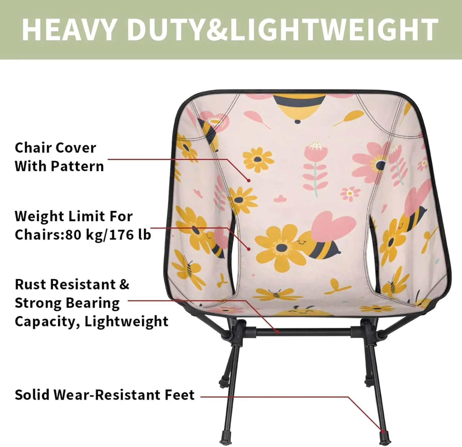 Honeybaby Folding Camping Chair Cute Bees Flower Camping Chairs Lightweight Portable Chair Outdoor Foldable Chairs for Camping Travel Picnic Beach Hiking