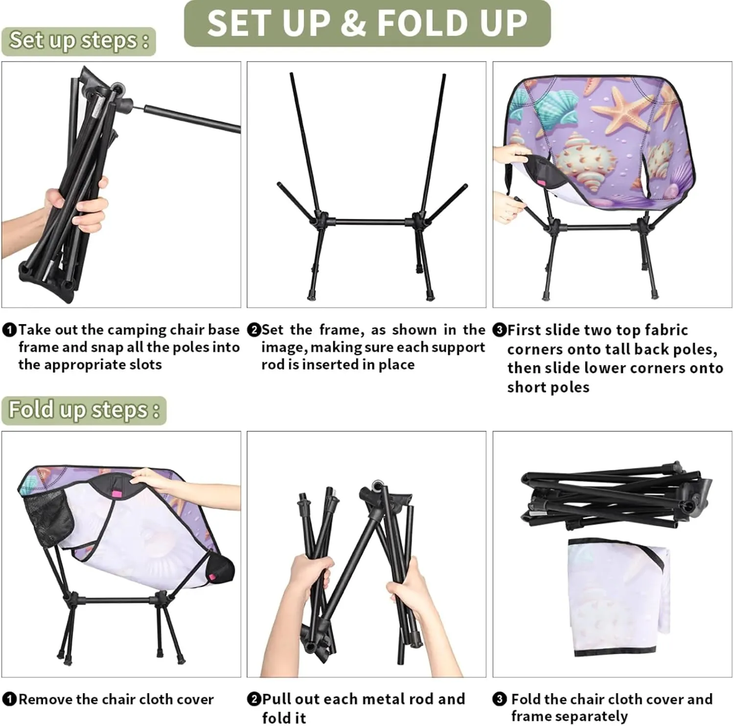 Honeybaby Folding Camping Chair Ocean Seashell Starfish Camping Chairs Lightweight Portable Chair Outdoor Foldable Chairs for Camping Travel Picnic Beach Hiking
