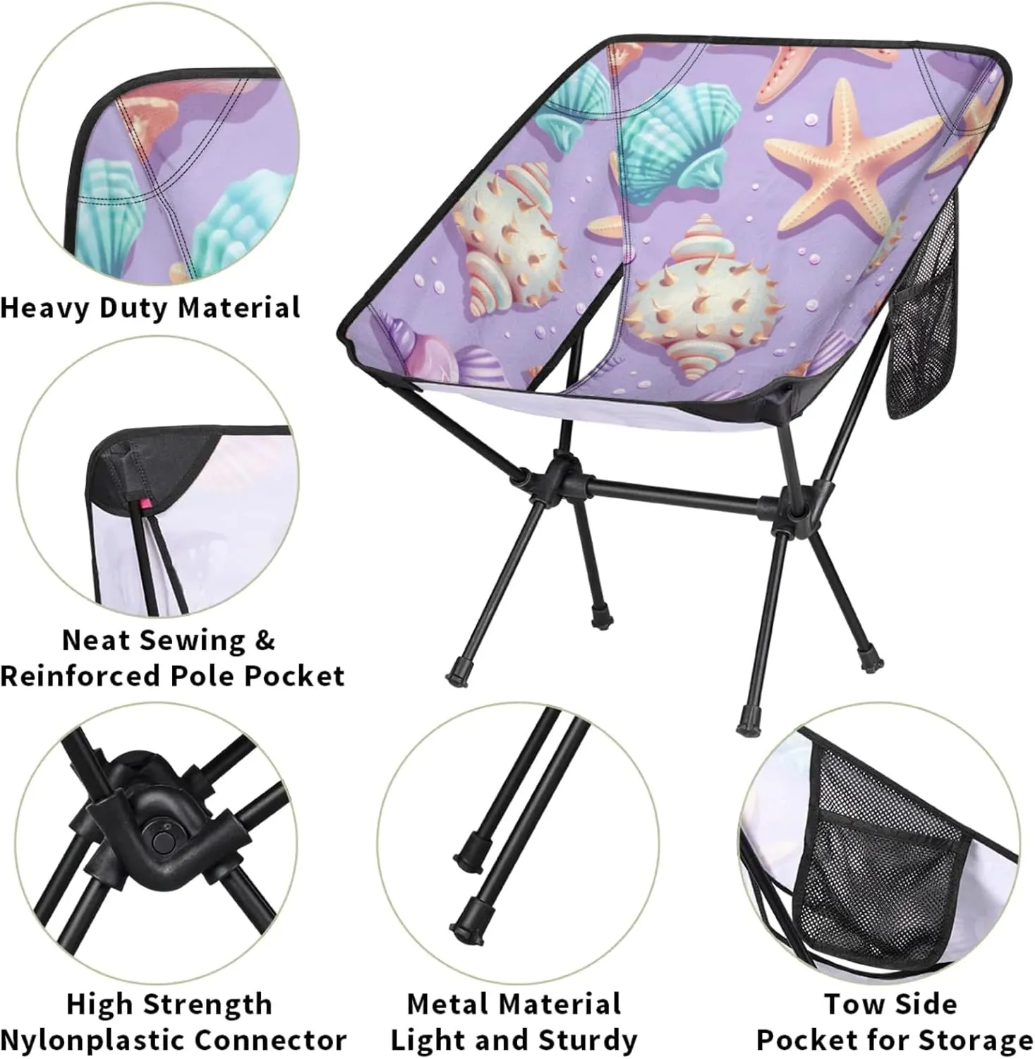 Honeybaby Folding Camping Chair Ocean Seashell Starfish Camping Chairs Lightweight Portable Chair Outdoor Foldable Chairs for Camping Travel Picnic Beach Hiking