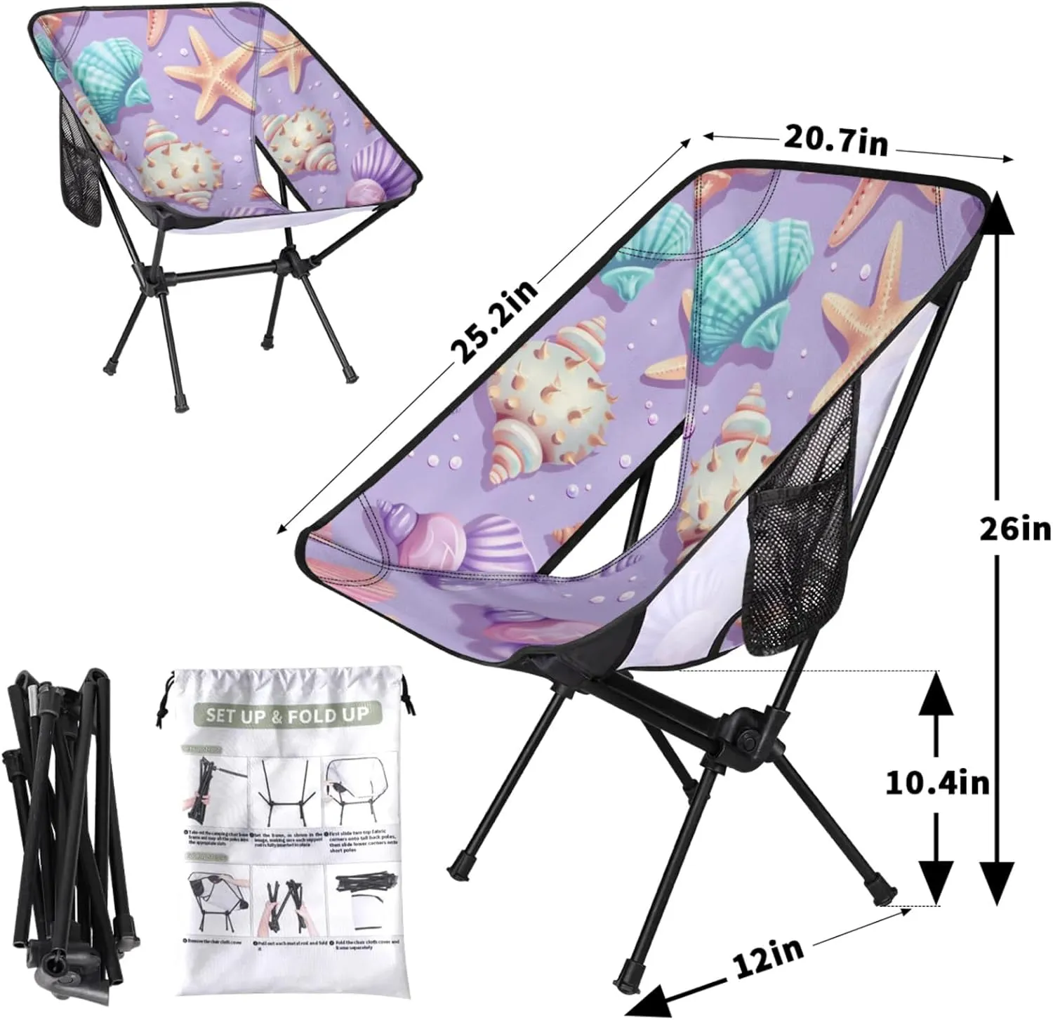 Honeybaby Folding Camping Chair Ocean Seashell Starfish Camping Chairs Lightweight Portable Chair Outdoor Foldable Chairs for Camping Travel Picnic Beach Hiking