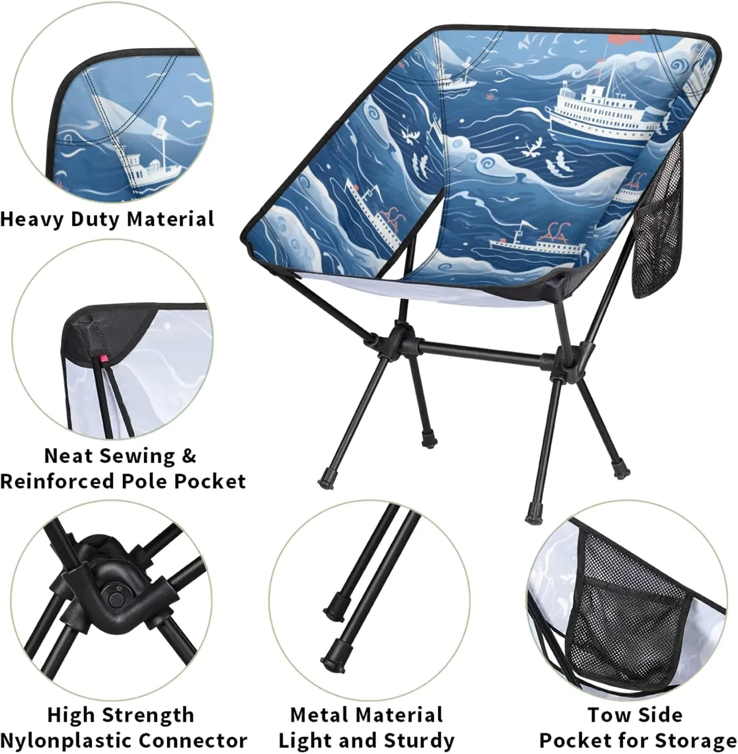Honeybaby Folding Camping Chair Ocean Ship Print Camping Chairs Lightweight Portable Chair Outdoor Foldable Chairs for Camping Travel Picnic Beach Hiking