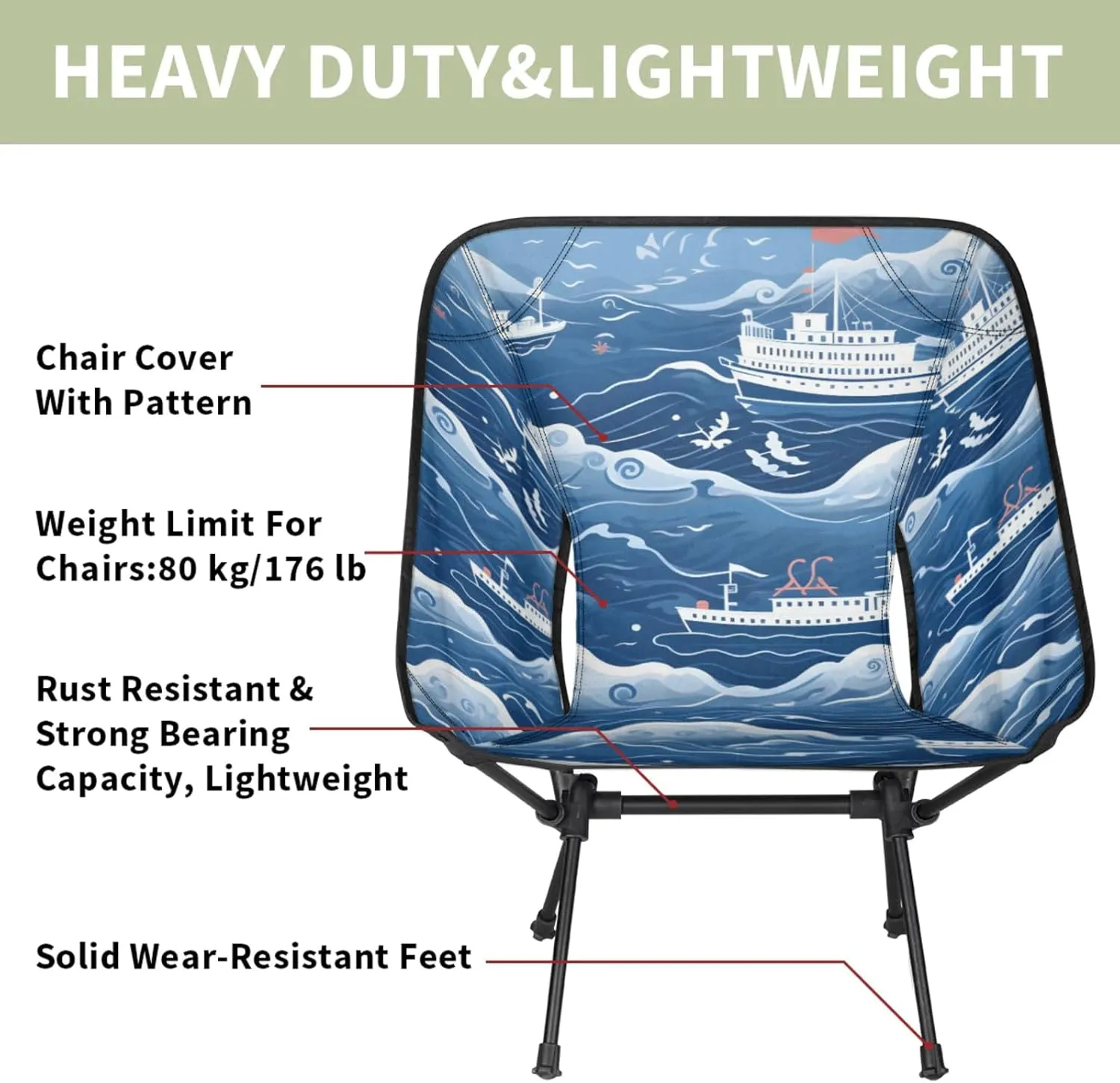 Honeybaby Folding Camping Chair Ocean Ship Print Camping Chairs Lightweight Portable Chair Outdoor Foldable Chairs for Camping Travel Picnic Beach Hiking