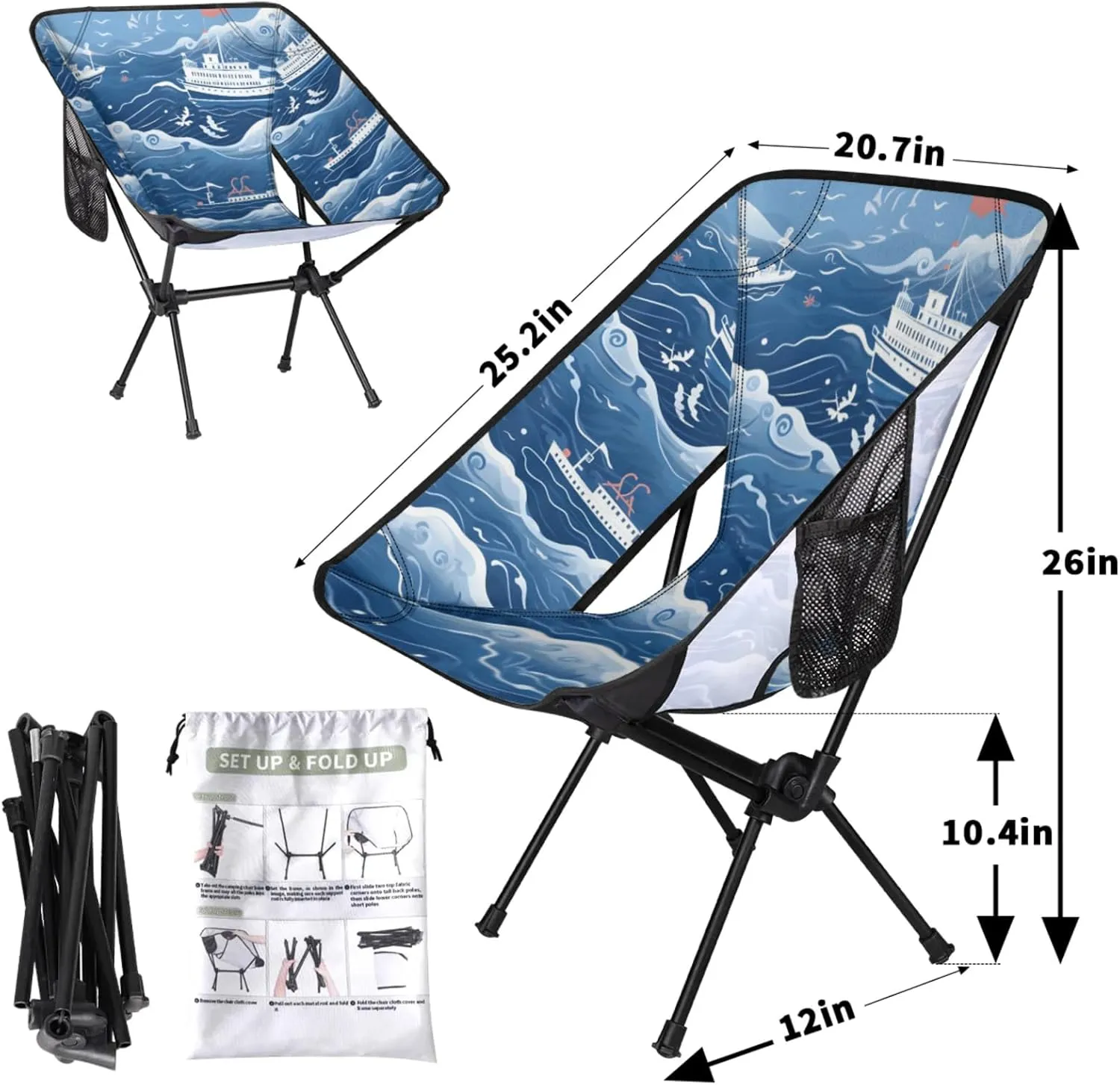 Honeybaby Folding Camping Chair Ocean Ship Print Camping Chairs Lightweight Portable Chair Outdoor Foldable Chairs for Camping Travel Picnic Beach Hiking