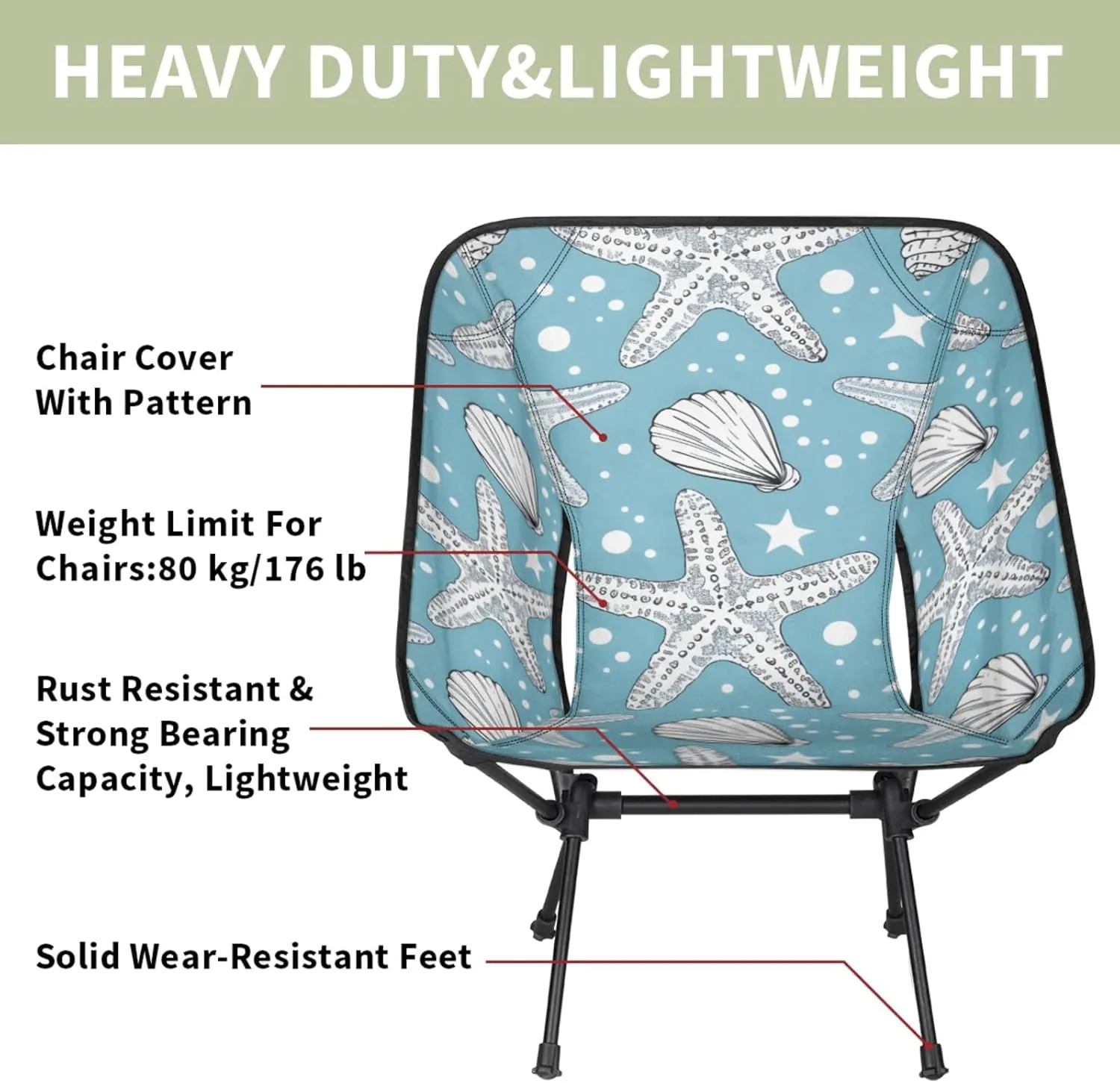 Honeybaby Folding Camping Chair Ocean Starfishes Camping Chairs Lightweight Portable Chair Outdoor Foldable Chairs for Camping Travel Picnic Beach Hiking