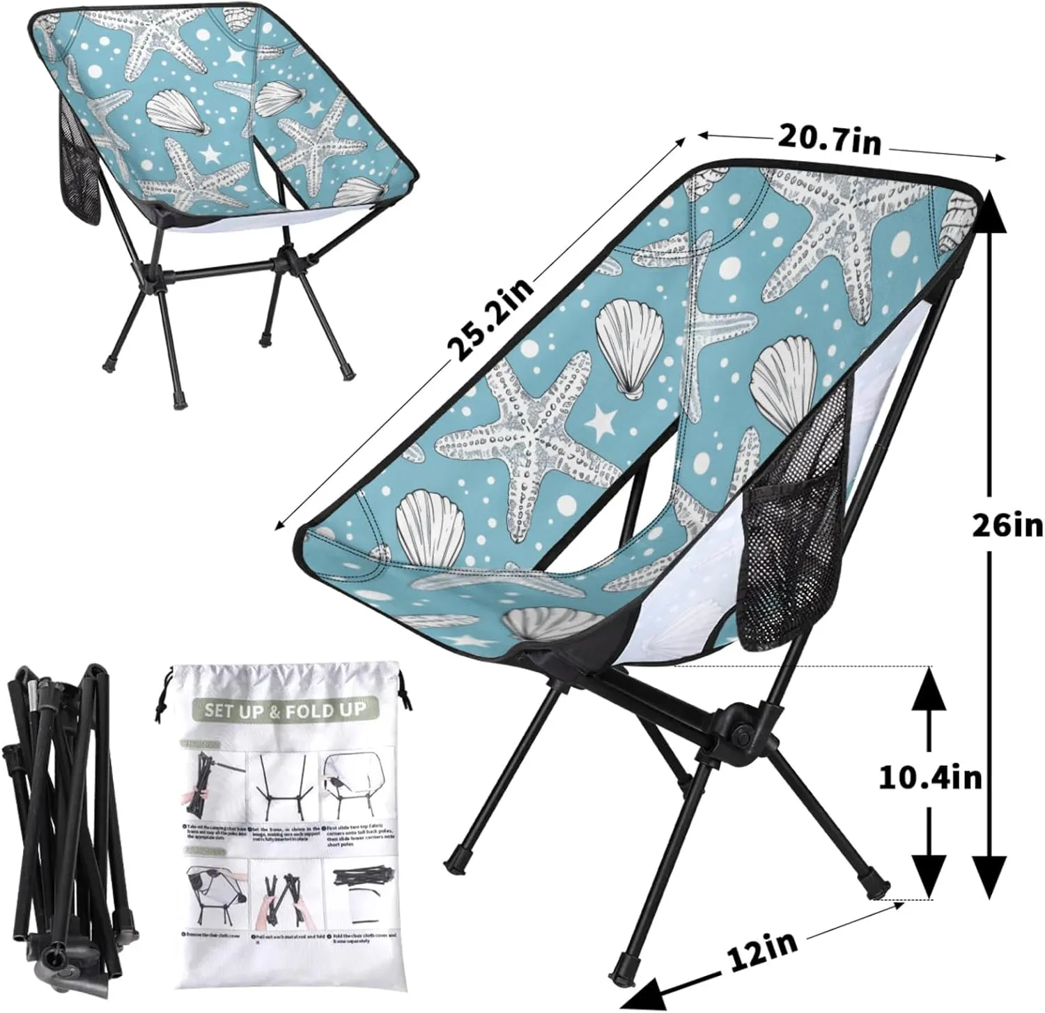 Honeybaby Folding Camping Chair Ocean Starfishes Camping Chairs Lightweight Portable Chair Outdoor Foldable Chairs for Camping Travel Picnic Beach Hiking