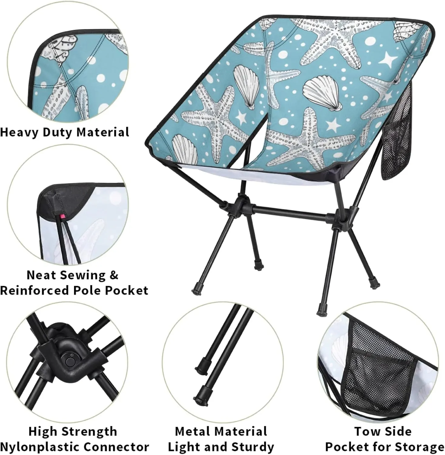 Honeybaby Folding Camping Chair Ocean Starfishes Camping Chairs Lightweight Portable Chair Outdoor Foldable Chairs for Camping Travel Picnic Beach Hiking