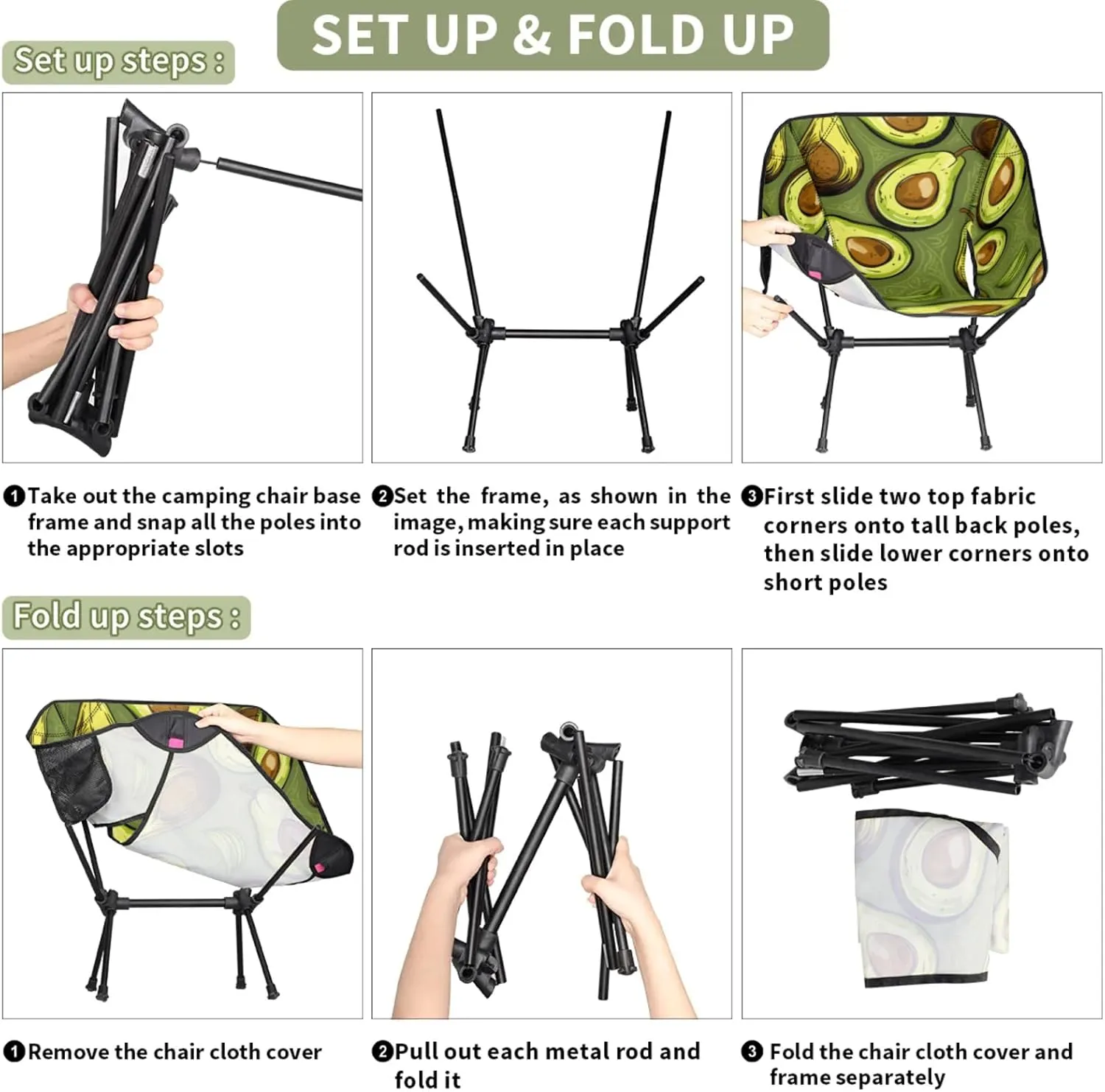 Honeybaby Folding Camping Chair Yummy Avocado Camping Chairs Lightweight Portable Chair Outdoor Foldable Chairs for Camping Travel Picnic Beach Hiking