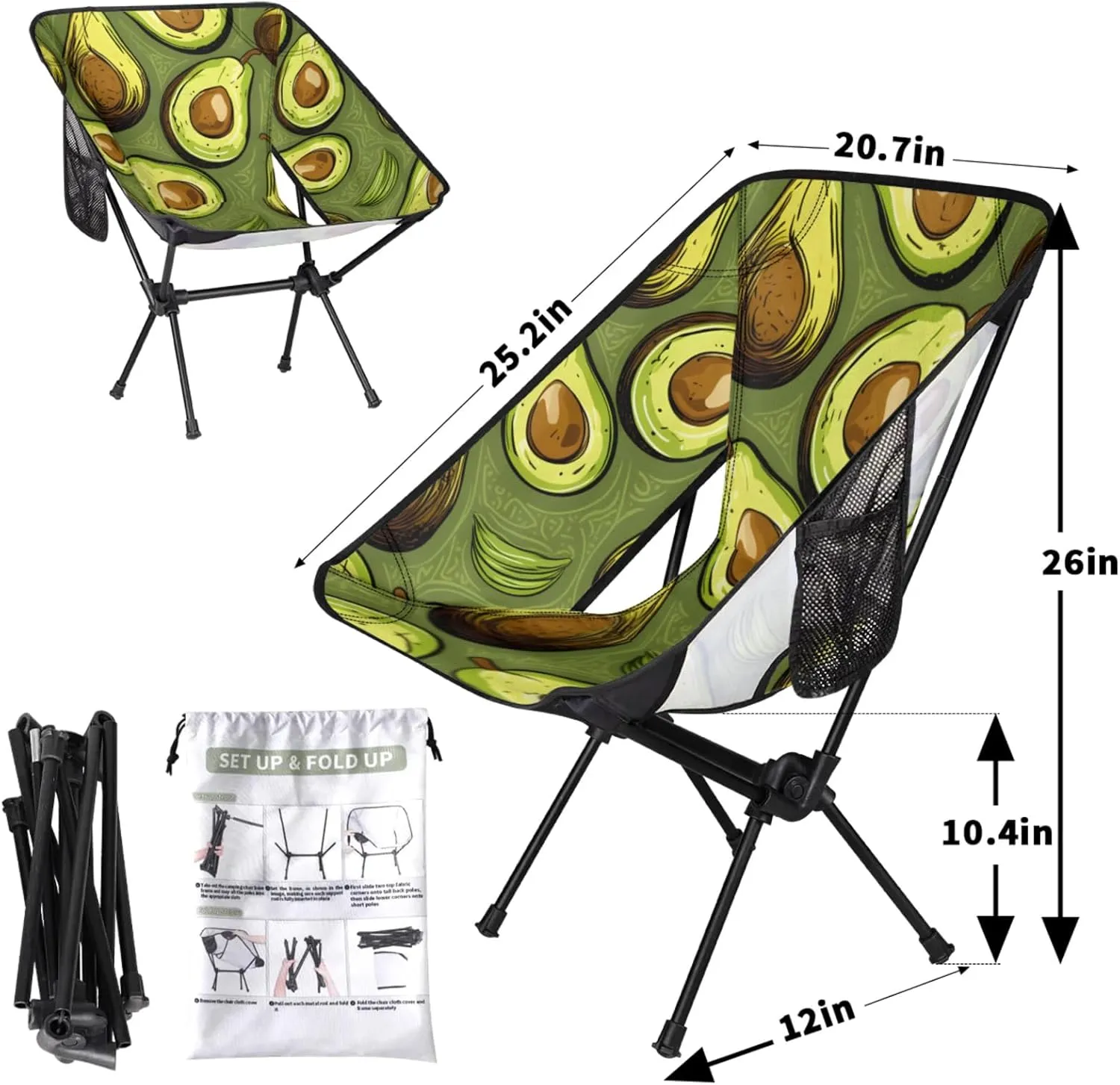Honeybaby Folding Camping Chair Yummy Avocado Camping Chairs Lightweight Portable Chair Outdoor Foldable Chairs for Camping Travel Picnic Beach Hiking
