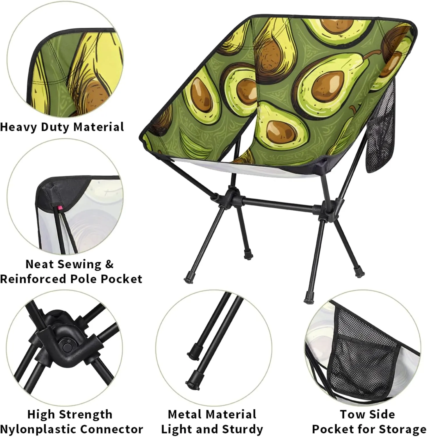 Honeybaby Folding Camping Chair Yummy Avocado Camping Chairs Lightweight Portable Chair Outdoor Foldable Chairs for Camping Travel Picnic Beach Hiking