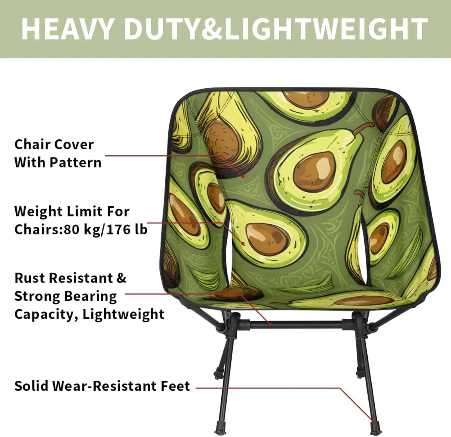 Honeybaby Folding Camping Chair Yummy Avocado Camping Chairs Lightweight Portable Chair Outdoor Foldable Chairs for Camping Travel Picnic Beach Hiking