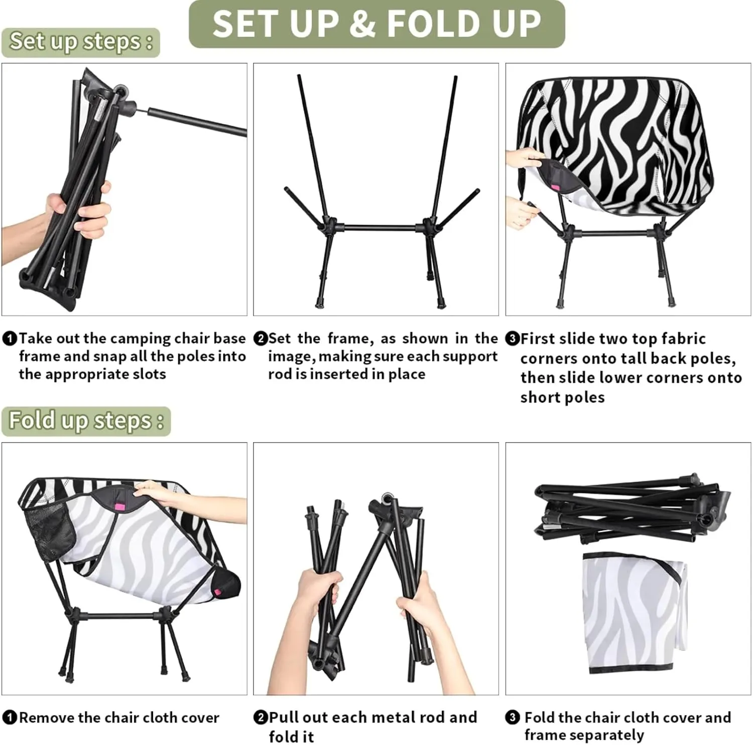 Honeybaby Folding Camping Chair Zebra Animal Print Camping Chairs Lightweight Portable Chair Outdoor Foldable Chairs for Camping Travel Picnic Beach Hiking