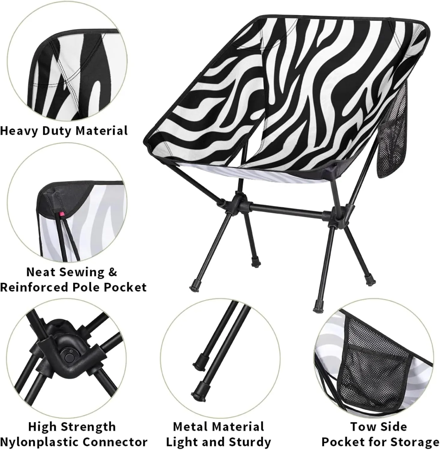 Honeybaby Folding Camping Chair Zebra Animal Print Camping Chairs Lightweight Portable Chair Outdoor Foldable Chairs for Camping Travel Picnic Beach Hiking