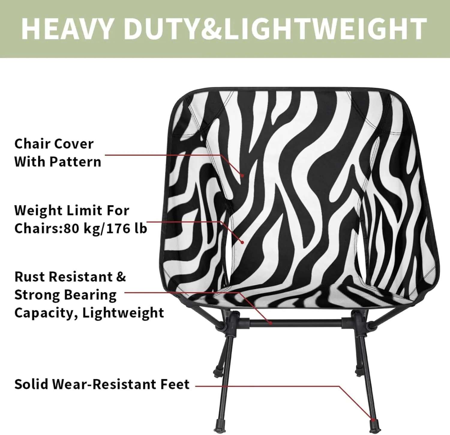 Honeybaby Folding Camping Chair Zebra Animal Print Camping Chairs Lightweight Portable Chair Outdoor Foldable Chairs for Camping Travel Picnic Beach Hiking