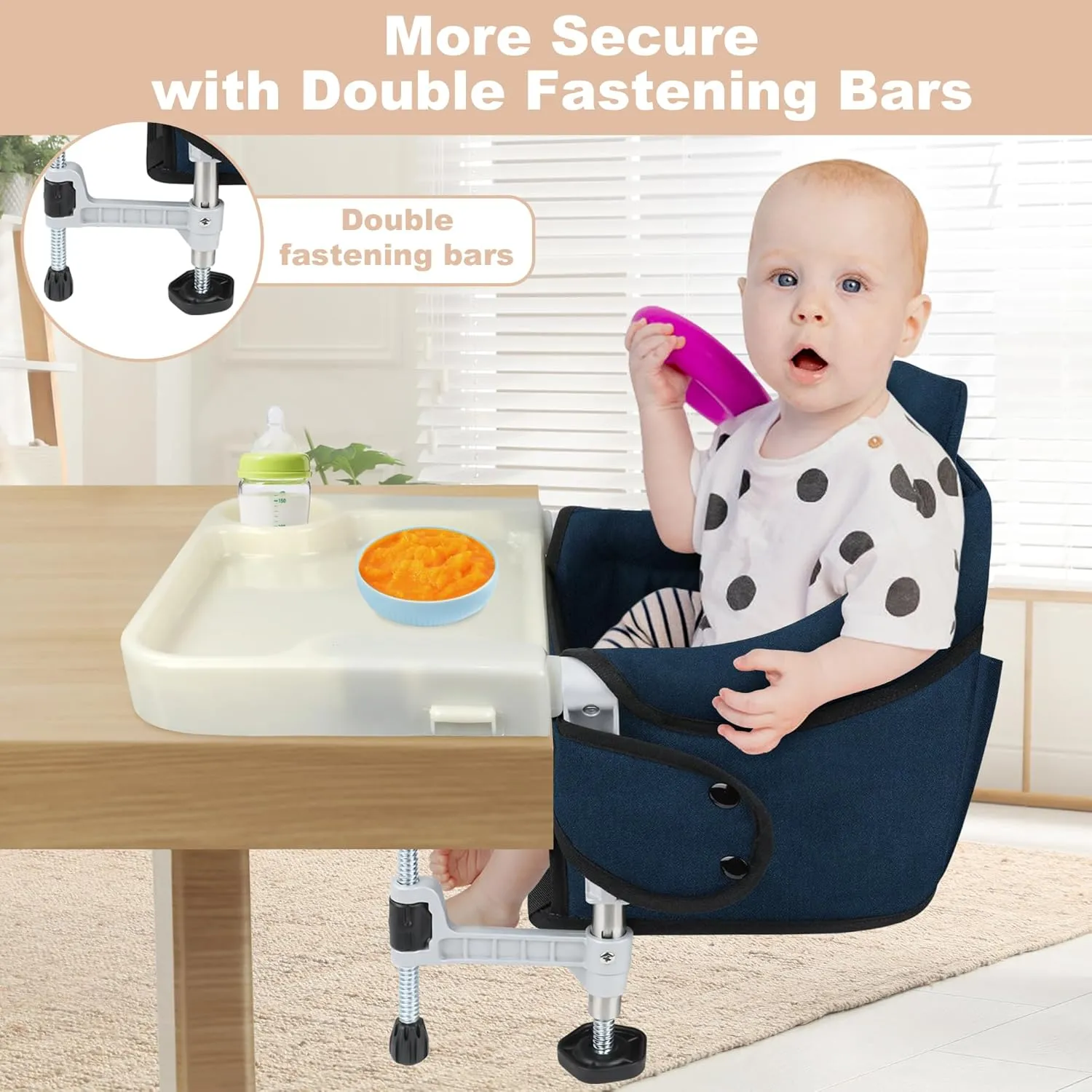 Hook On High Chair: Portable Travel Chair for Baby and Toddler, Foldable Clip-on With Backrest Board, Removable Dining Tray and Storage Carrying Bag for Indoor Outdoor (Blue)