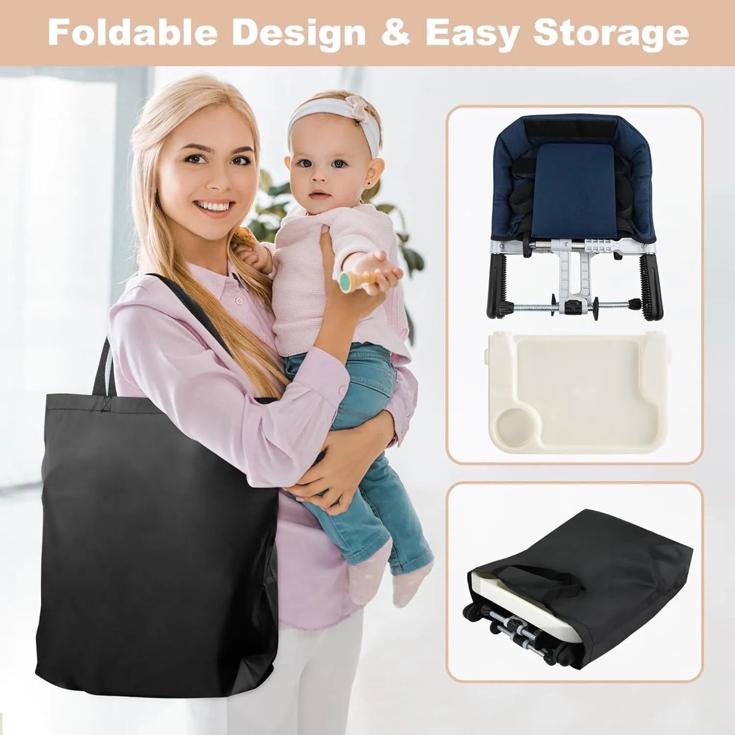 Hook On High Chair: Portable Travel Chair for Baby and Toddler, Foldable Clip-on With Backrest Board, Removable Dining Tray and Storage Carrying Bag for Indoor Outdoor (Blue)