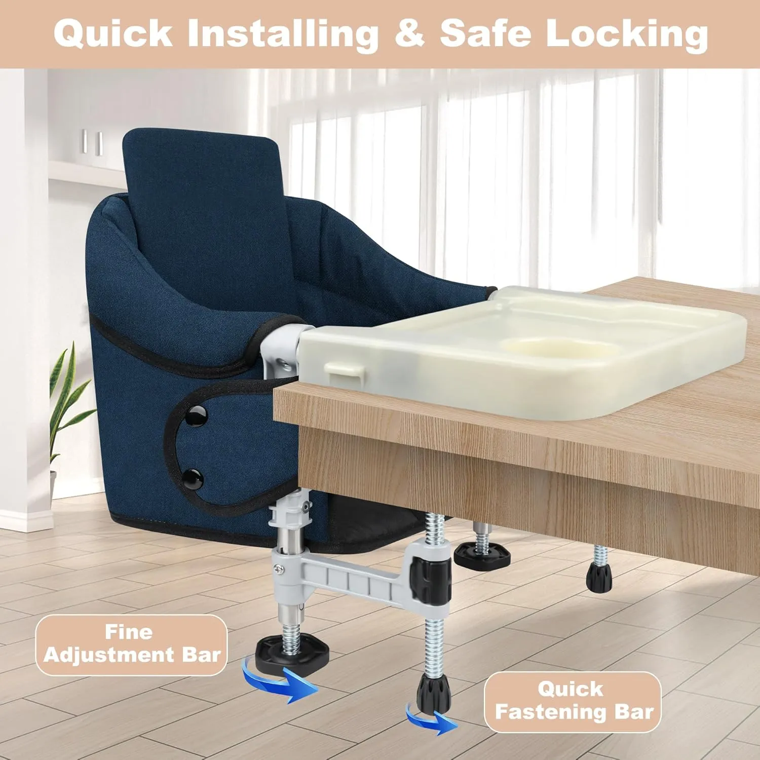 Hook On High Chair: Portable Travel Chair for Baby and Toddler, Foldable Clip-on With Backrest Board, Removable Dining Tray and Storage Carrying Bag for Indoor Outdoor (Blue)