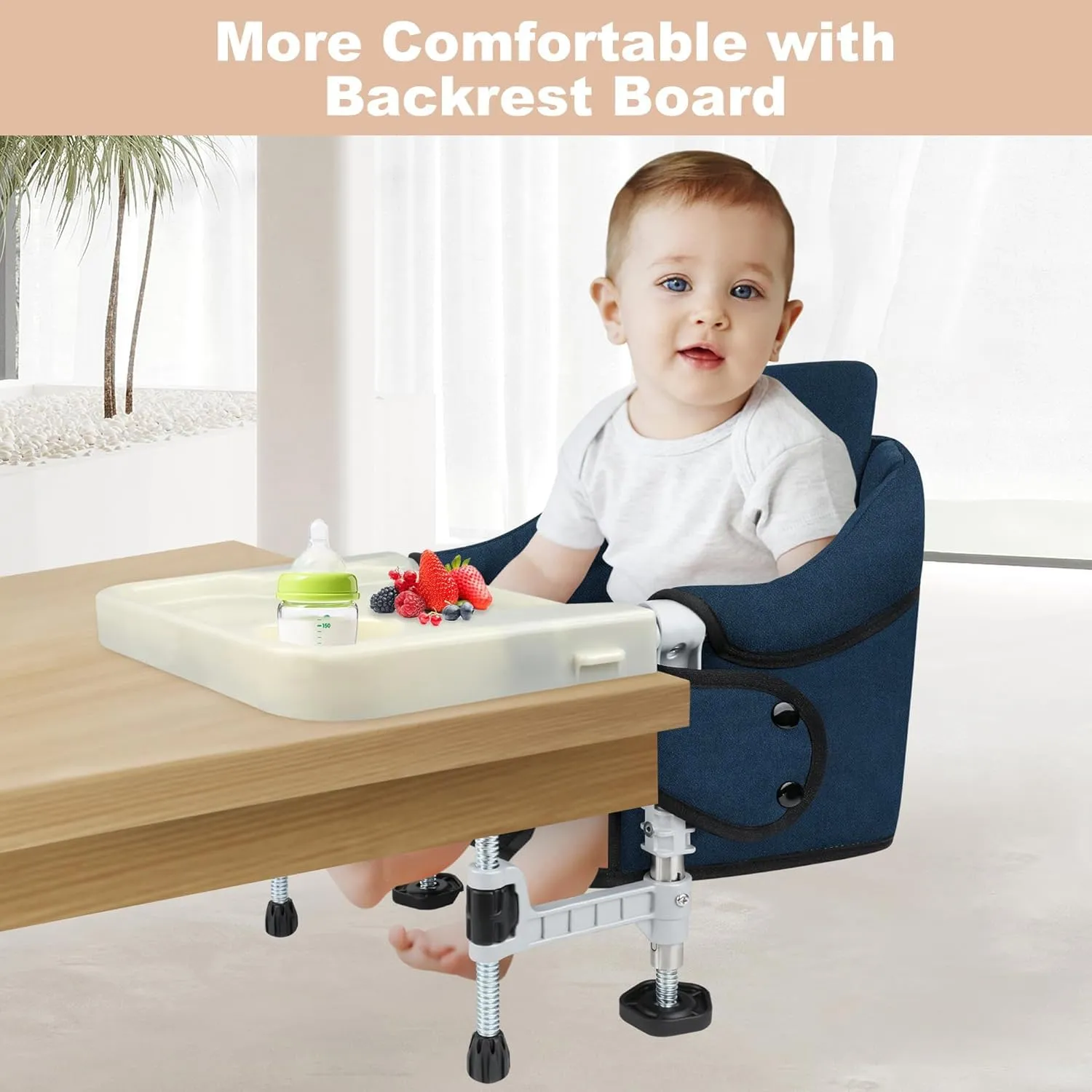 Hook On High Chair: Portable Travel Chair for Baby and Toddler, Foldable Clip-on With Backrest Board, Removable Dining Tray and Storage Carrying Bag for Indoor Outdoor (Blue)