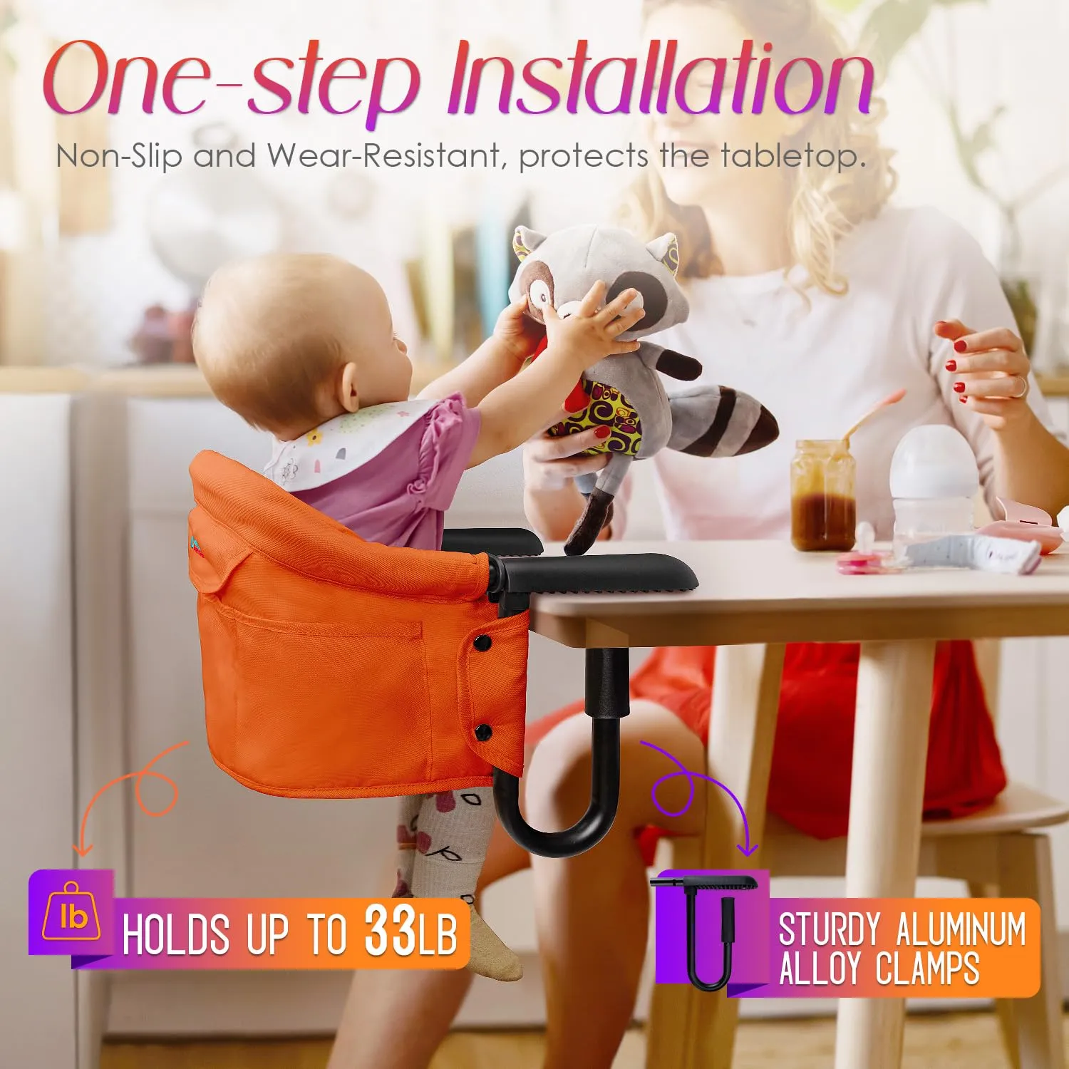 Hook on High Chair,Portable Foldable High Chair for Babies 6-36 Months, Includes Storage Bag (Orange)
