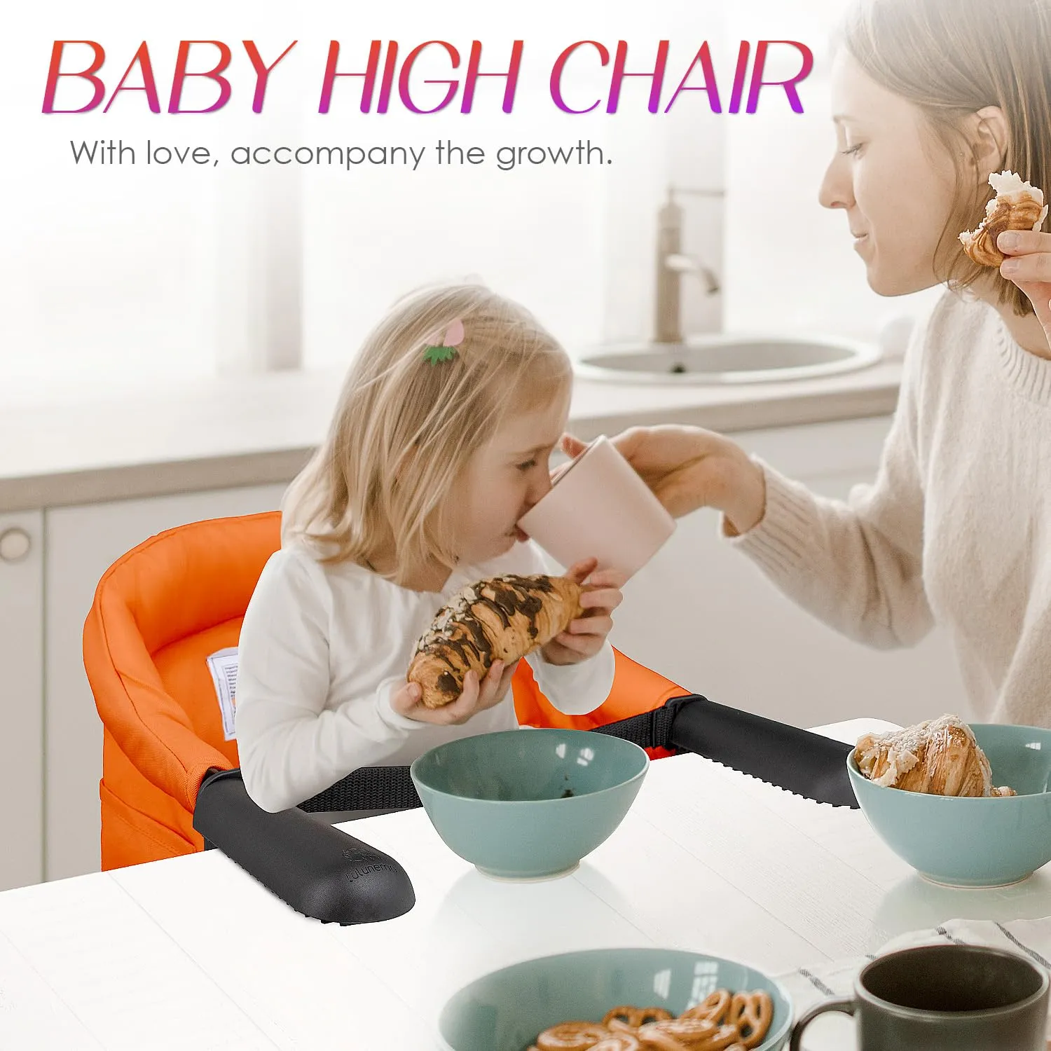 Hook on High Chair,Portable Foldable High Chair for Babies 6-36 Months, Includes Storage Bag (Orange)
