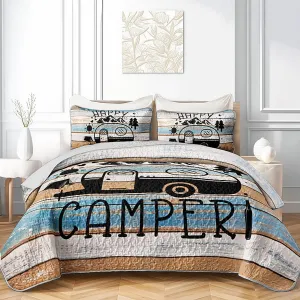 HOSIMA Vintage Camper Quilts Queen Size,Lightweight Bedding Set Camping Travel Trailer Printed Quilt for Camper Decor,Happy Camping Themed Bedding with 2 Pillowcases.