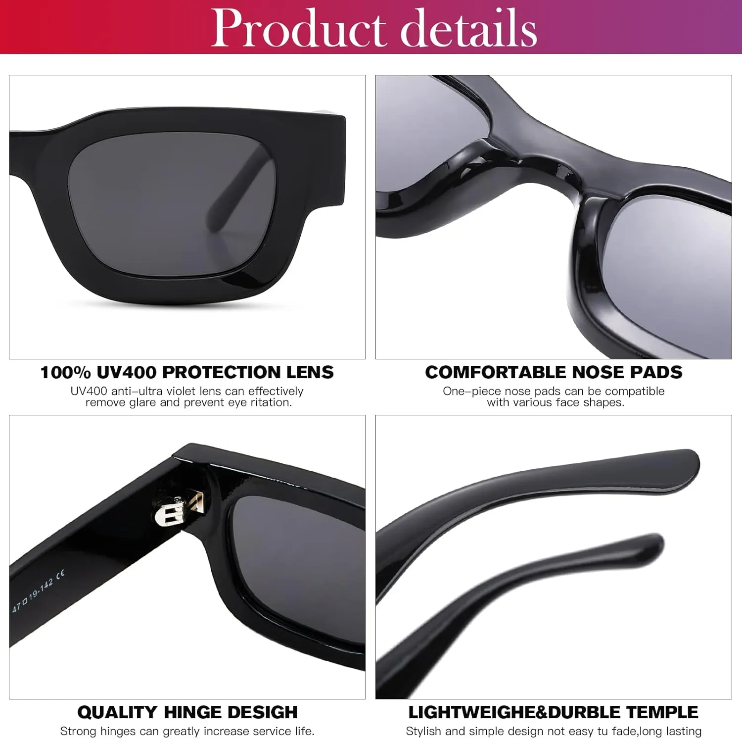 Hycredi Thick Rectangle Sunglasses for Women Men Chunky Square Polarized Sun Glasses Retro 90s Shades UV400 Protection