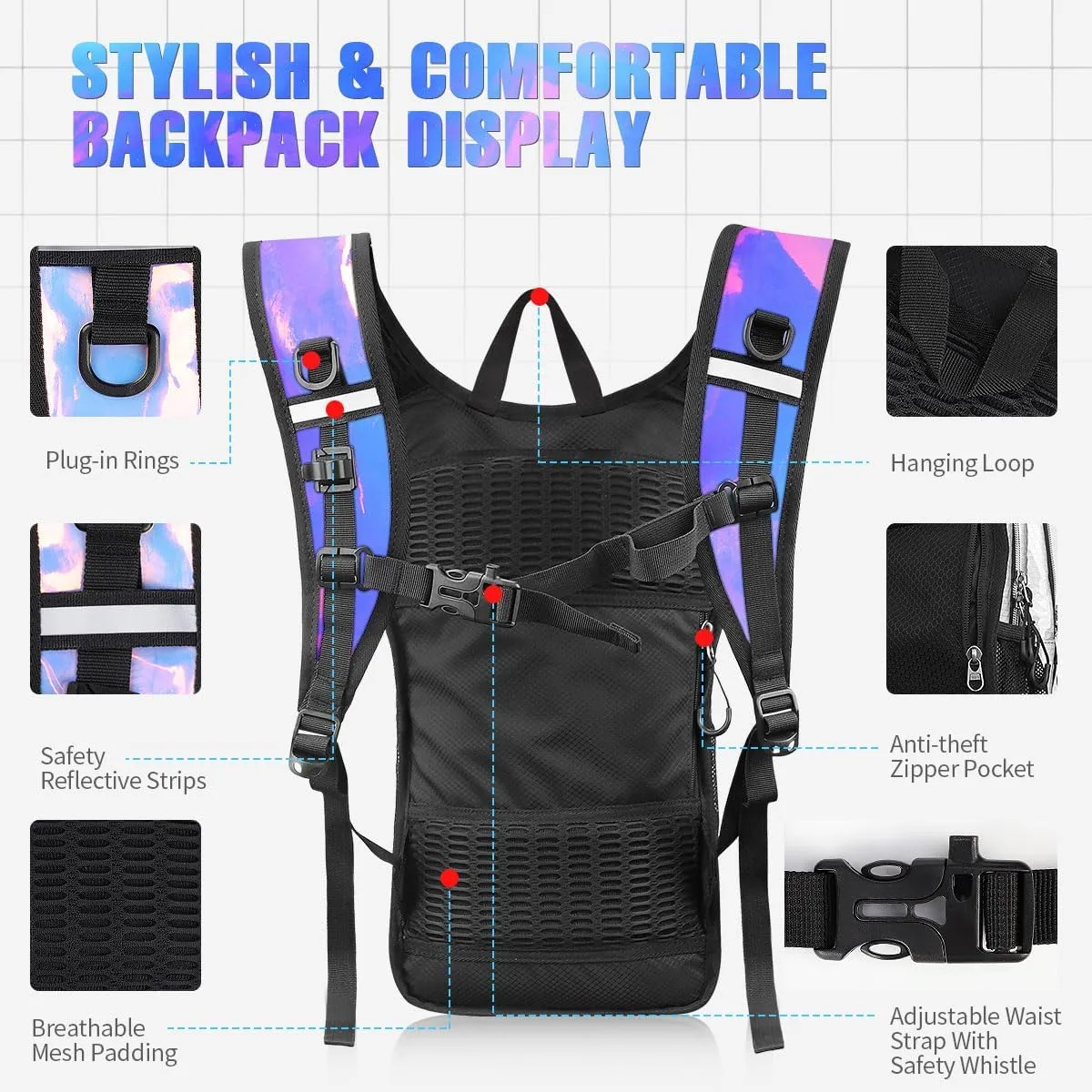 Hydration Backpack, Festival Rave Hydration Pack, Water Backpack with 2L Hydration Bladder, Rave Backpack Hydration Pack Hydropack Hydro for Hiking, Biking, Festivals, Raves