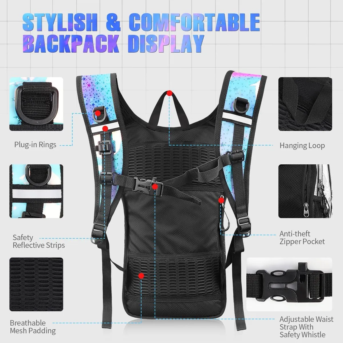 Hydration Backpack, Festival Rave Hydration Pack, Water Backpack with 2L Hydration Bladder, Rave Backpack Hydration Pack Hydropack Hydro for Hiking, Biking, Festivals, Raves
