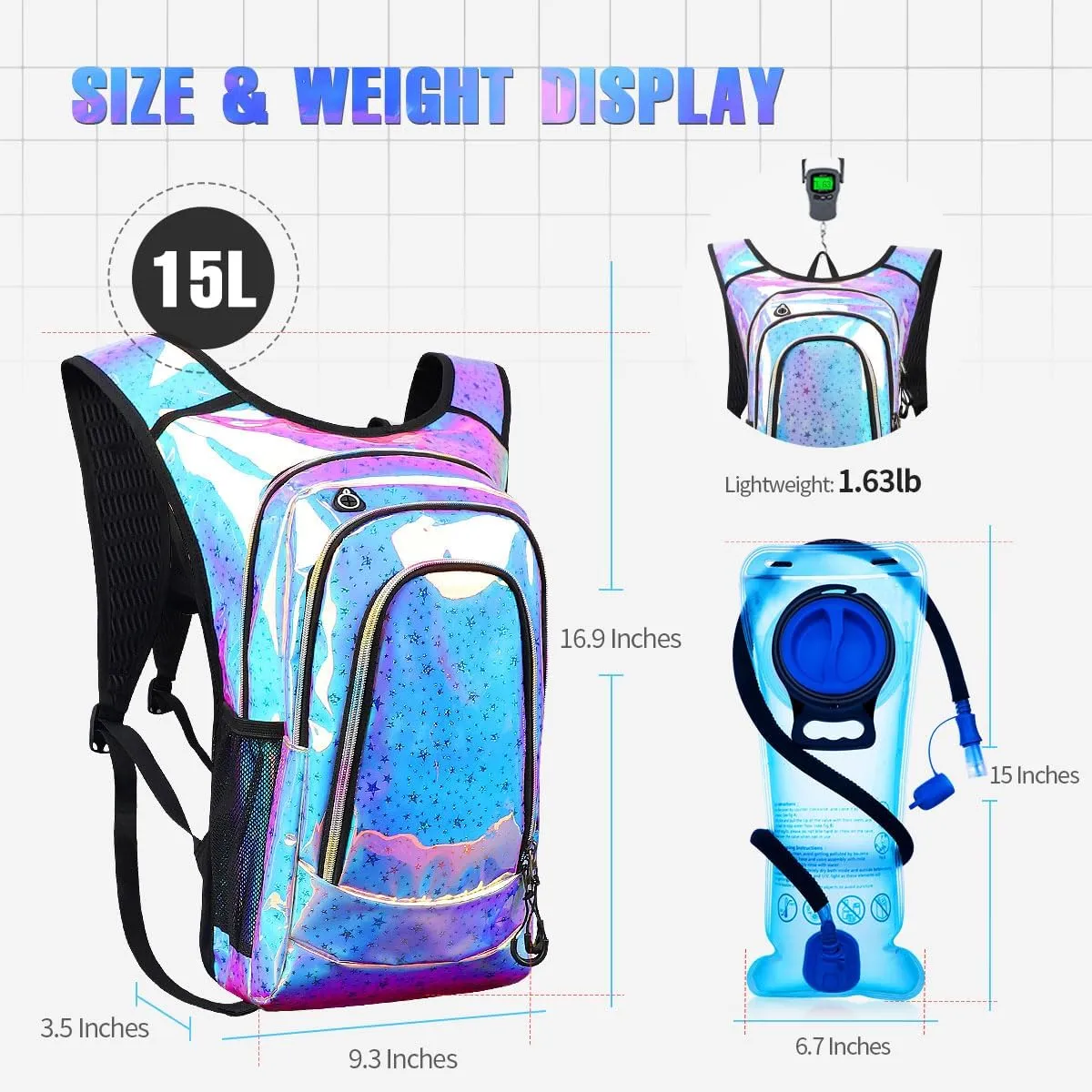 Hydration Backpack, Festival Rave Hydration Pack, Water Backpack with 2L Hydration Bladder, Rave Backpack Hydration Pack Hydropack Hydro for Hiking, Biking, Festivals, Raves