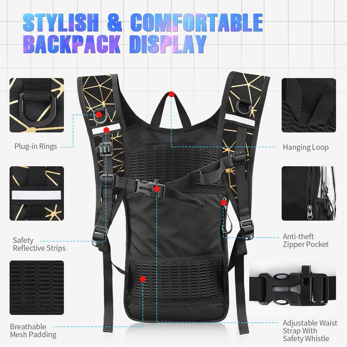 Hydration Backpack, Festival Rave Hydration Pack, Water Backpack with 2L Hydration Bladder, Rave Backpack Hydration Pack Hydropack Hydro for Hiking, Biking, Festivals, Raves