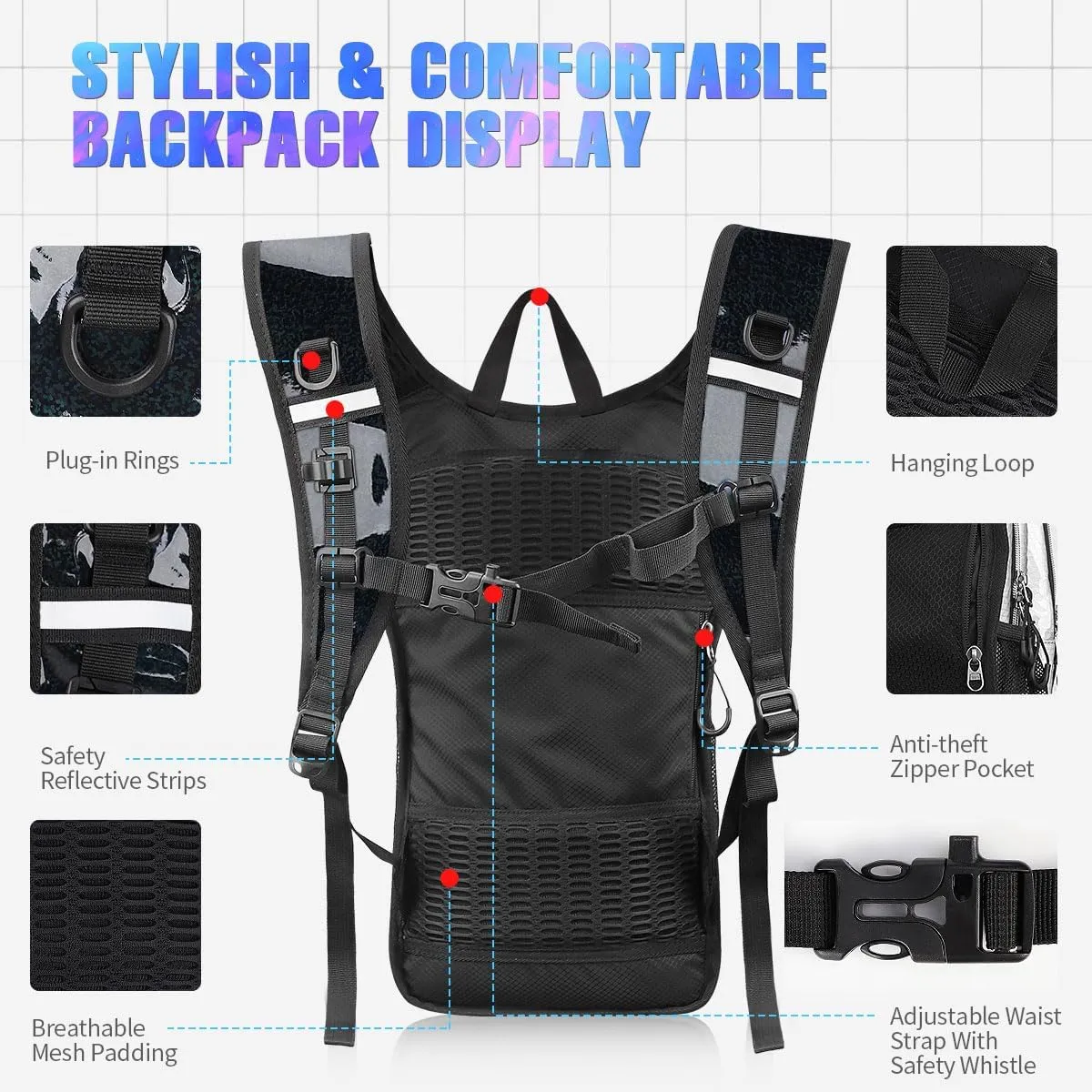 Hydration Backpack, Festival Rave Hydration Pack, Water Backpack with 2L Hydration Bladder, Rave Backpack Hydration Pack Hydropack Hydro for Hiking, Biking, Festivals, Raves