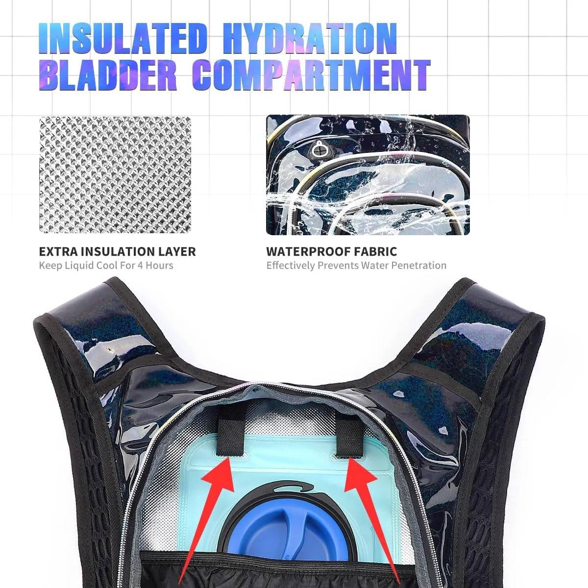 Hydration Backpack, Festival Rave Hydration Pack, Water Backpack with 2L Hydration Bladder, Rave Backpack Hydration Pack Hydropack Hydro for Hiking, Biking, Festivals, Raves