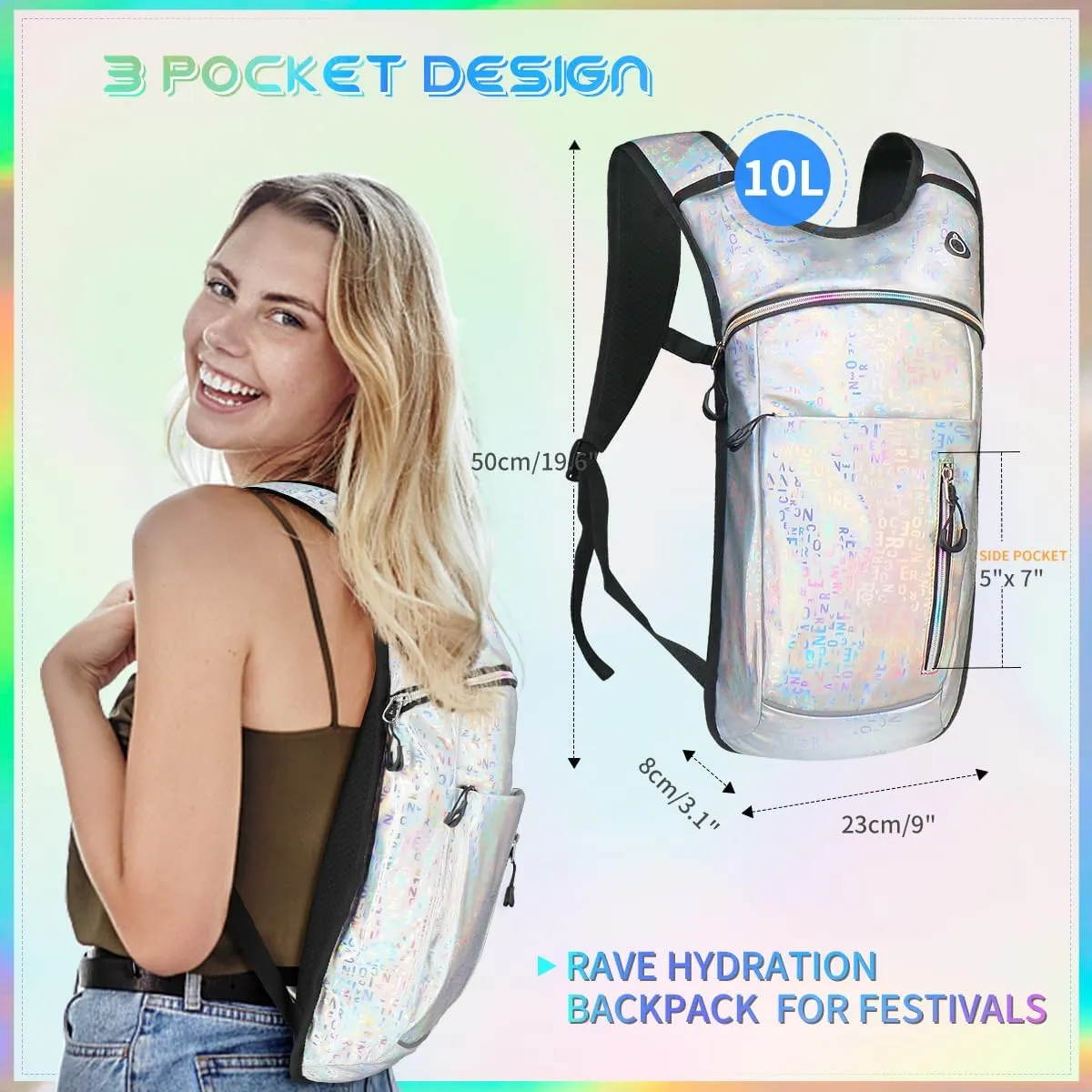 Hydration Backpack with 2L Water Bladder, Raves Water Backpack, Lightweight Insulation Hydration Pack for Men and Women, Suitable for Music Festivals, Raves, Hiking, Activities