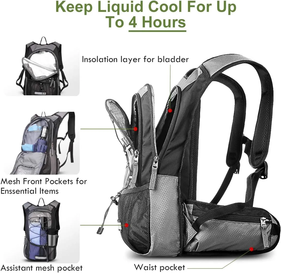 Hydration Pack, Insulated Hydration Backpack with 2L BPA Free Water Bladder and Storage, Hiking Backpack for Men, Women, Kids for Running, Cycling, Camping - Keep Liquid Cool up to 5 Hours