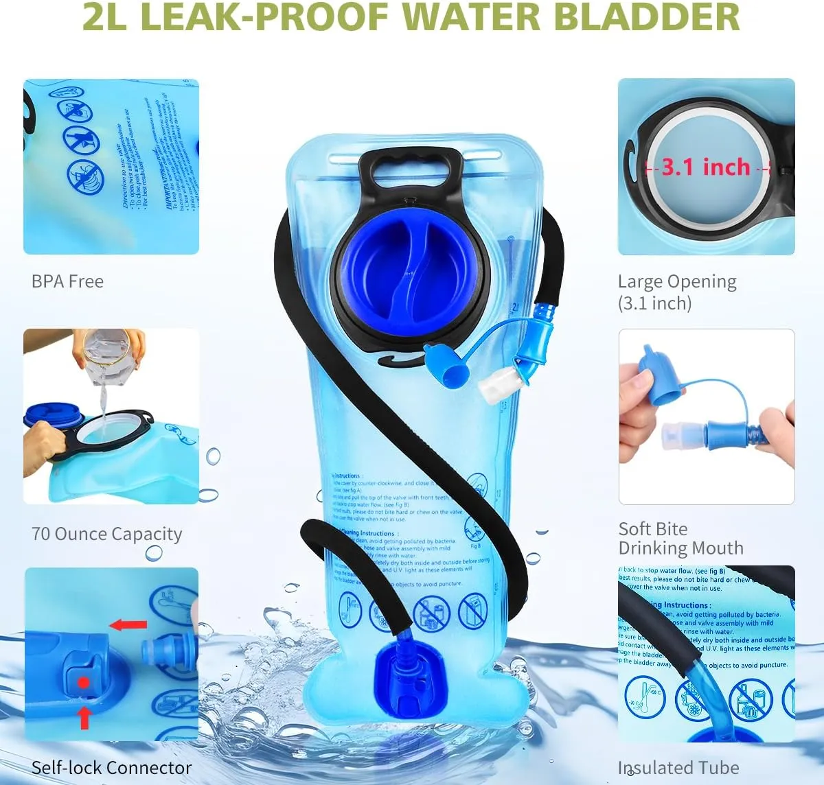 Hydration Pack, Insulated Hydration Backpack with 2L Hydration Bladder, Hiking Backpack for Men Women Kids, Water Backpack for Hiking, Running, Cycling, Camping