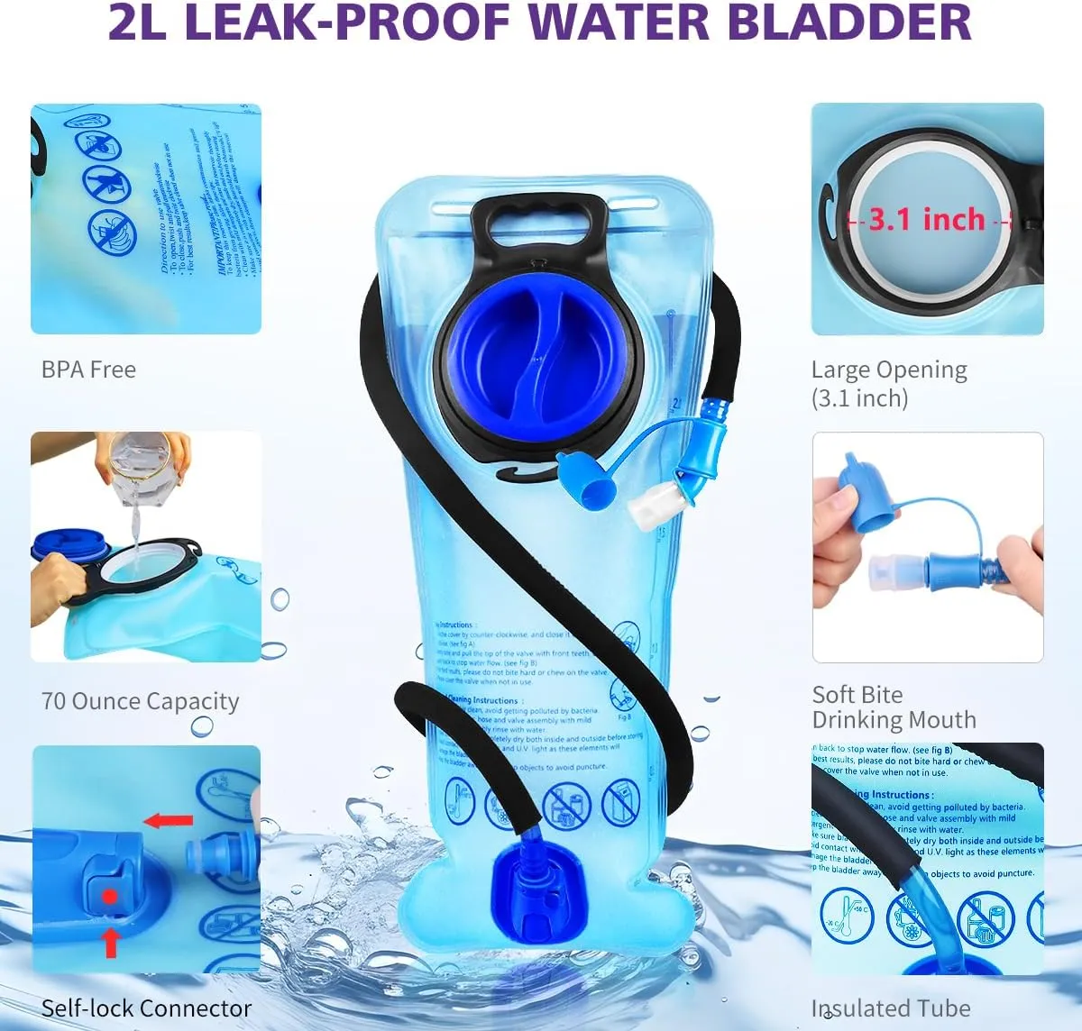 Hydration Pack, Insulated Hydration Backpack with 2L Hydration Bladder, Hiking Backpack for Men Women Kids, Water Backpack for Hiking, Running, Cycling, Camping