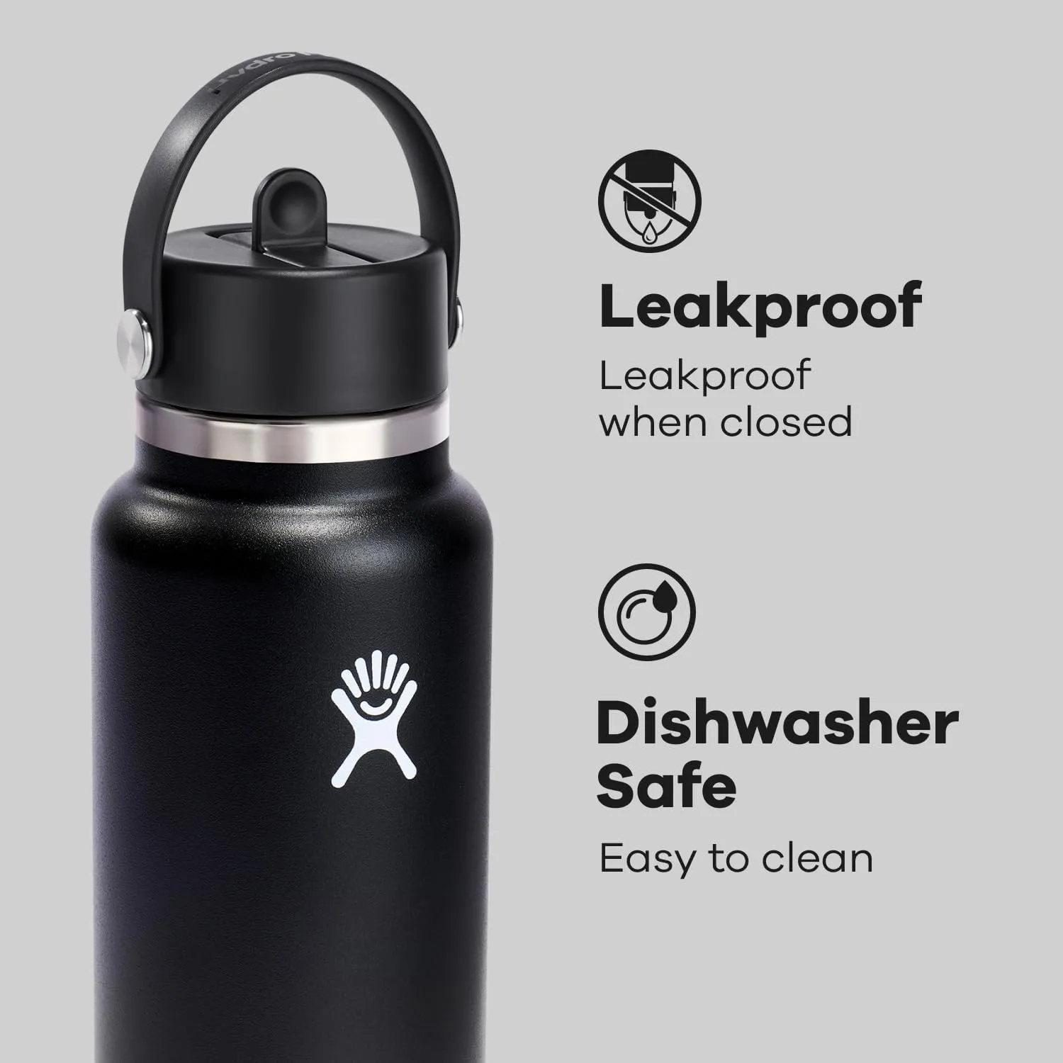 HYDRO FLASK Wide Mouth vacuum insulated stainless steel water bottle with leakproof closeable straw lid for cold water drinks, sports, travel, car and school