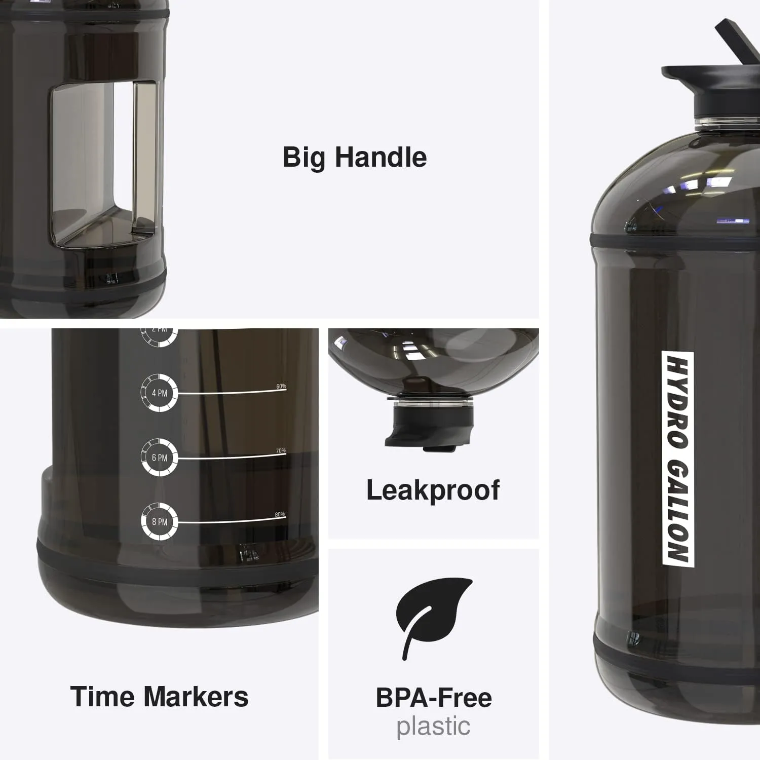Hydro Gallon® 1 Pro - 1 Gallon Water Bottle Jug with Insulated Sleeve and Straw Lid, Handle, Time Marker, Pocket, Shoulder Strap. Daily Leakproof BPA free Large Big Bottle Men. 128oz (Black)