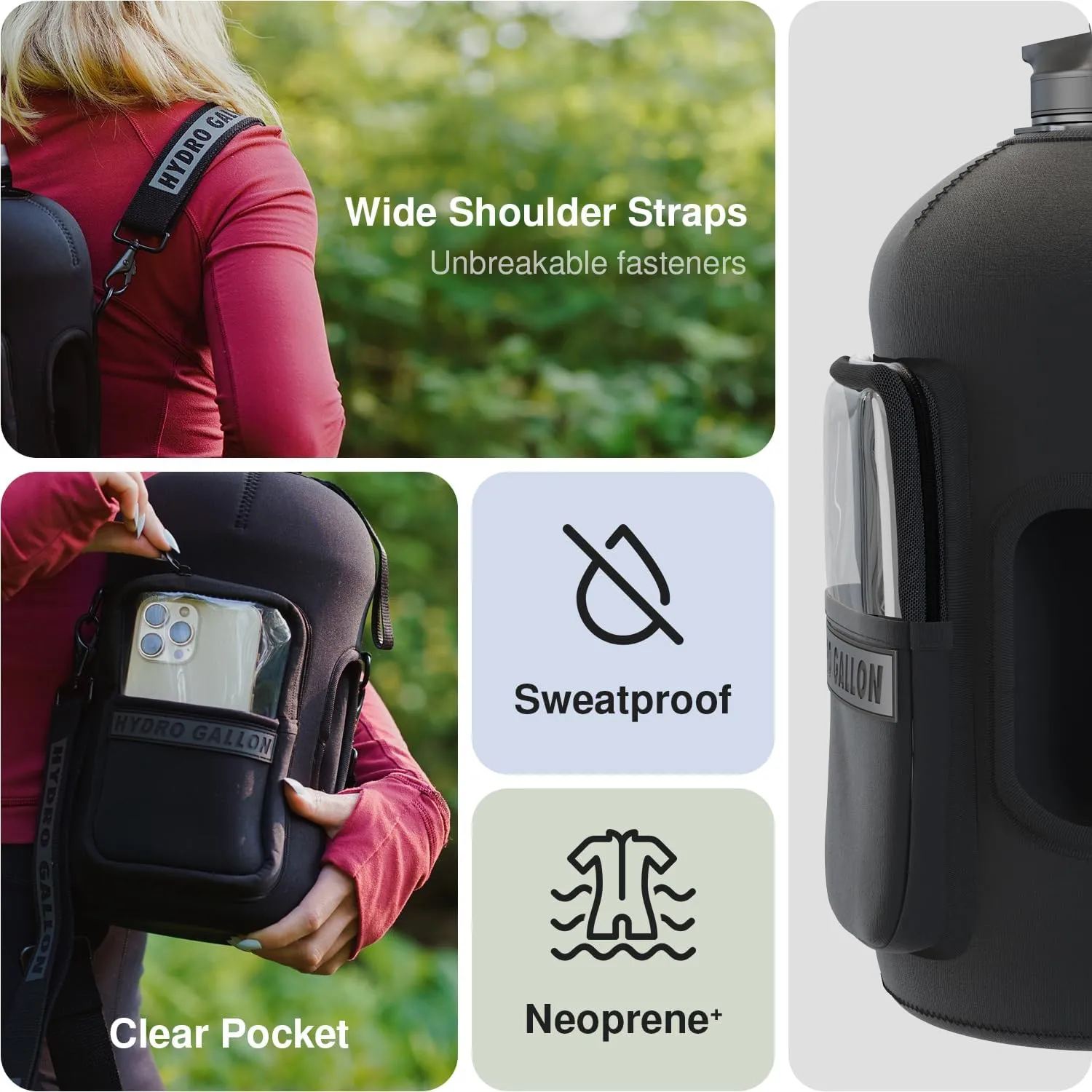 Hydro Gallon® 1 Pro - 1 Gallon Water Bottle Jug with Insulated Sleeve and Straw Lid, Handle, Time Marker, Pocket, Shoulder Strap. Daily Leakproof BPA free Large Big Bottle Men. 128oz (Black)