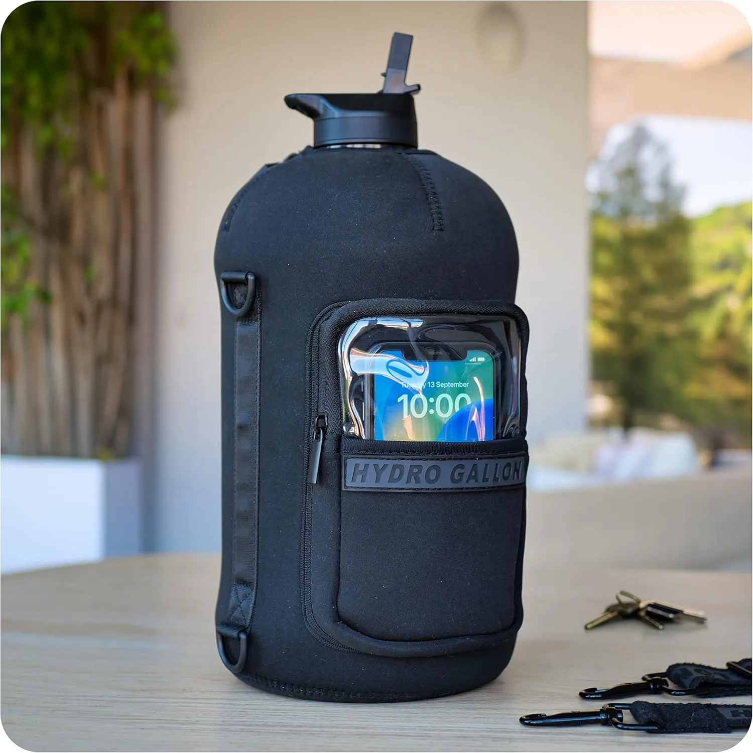 Hydro Gallon® 1 Pro - 1 Gallon Water Bottle Jug with Insulated Sleeve and Straw Lid, Handle, Time Marker, Pocket, Shoulder Strap. Daily Leakproof BPA free Large Big Bottle Men. 128oz (Black)