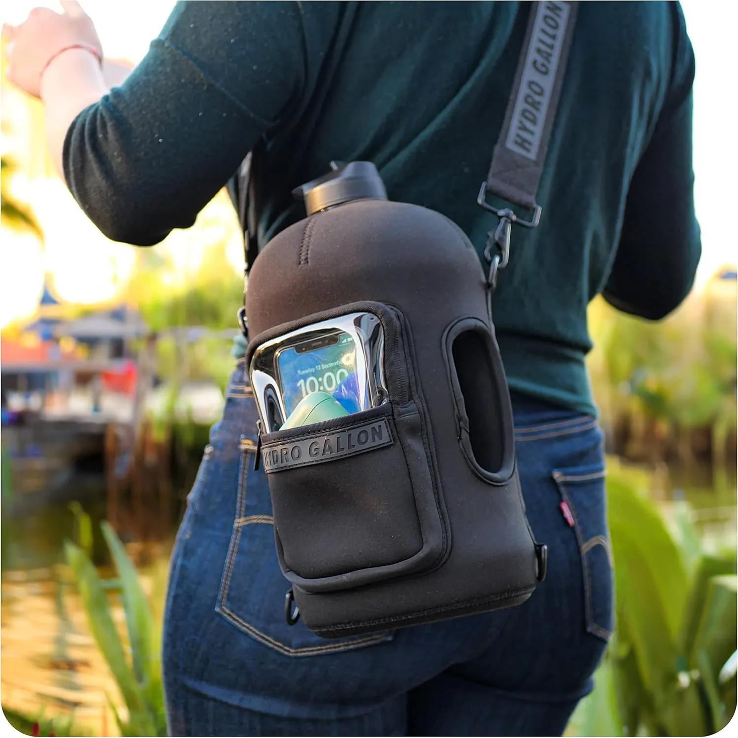 Hydro Gallon® 1 Pro - 1 Gallon Water Bottle Jug with Insulated Sleeve and Straw Lid, Handle, Time Marker, Pocket, Shoulder Strap. Daily Leakproof BPA free Large Big Bottle Men. 128oz (Black)
