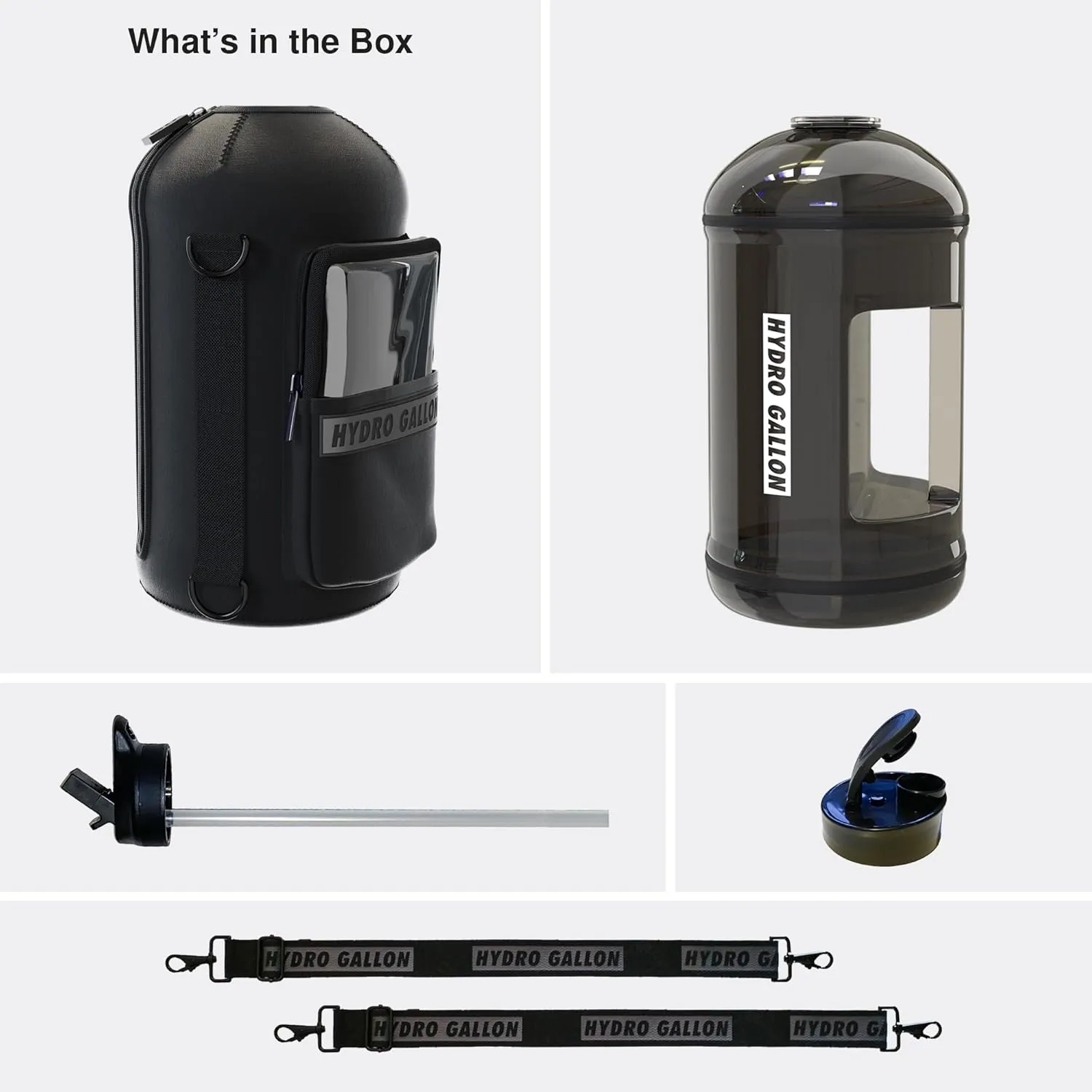 Hydro Gallon® 1 Pro - 1 Gallon Water Bottle Jug with Insulated Sleeve and Straw Lid, Handle, Time Marker, Pocket, Shoulder Strap. Daily Leakproof BPA free Large Big Bottle Men. 128oz (Black)