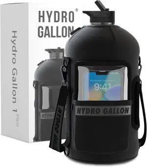 Hydro Gallon® 1 Pro - 1 Gallon Water Bottle Jug with Insulated Sleeve and Straw Lid, Handle, Time Marker, Pocket, Shoulder Strap. Daily Leakproof BPA free Large Big Bottle Men. 128oz (Black)