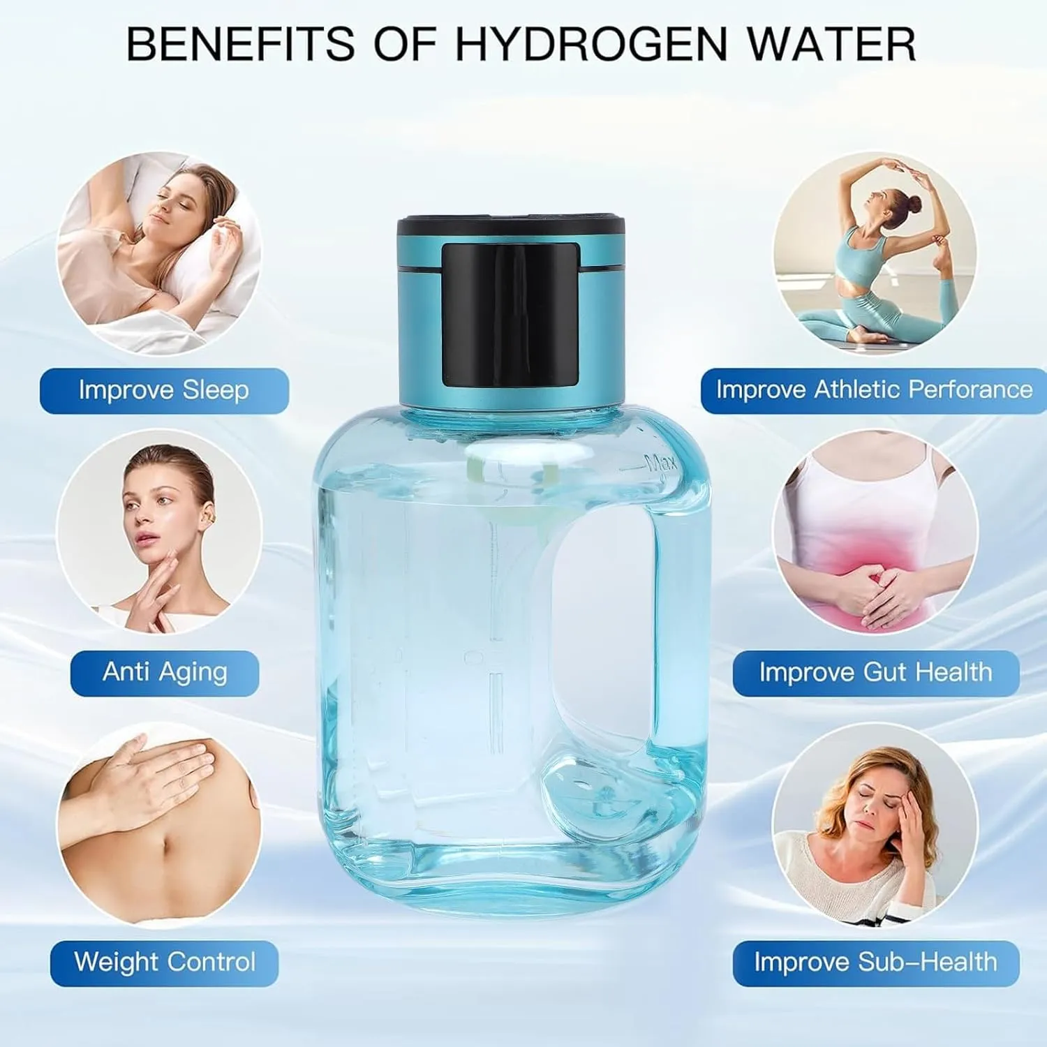 Hydrogen Water Bottle, 1000ML Rechargeable & Leakproof Hydrogen Generator with USB C 2000PPb PCTG Portable Sports Hydrogen Machine for Travel, Office, Fitness (Blue)
