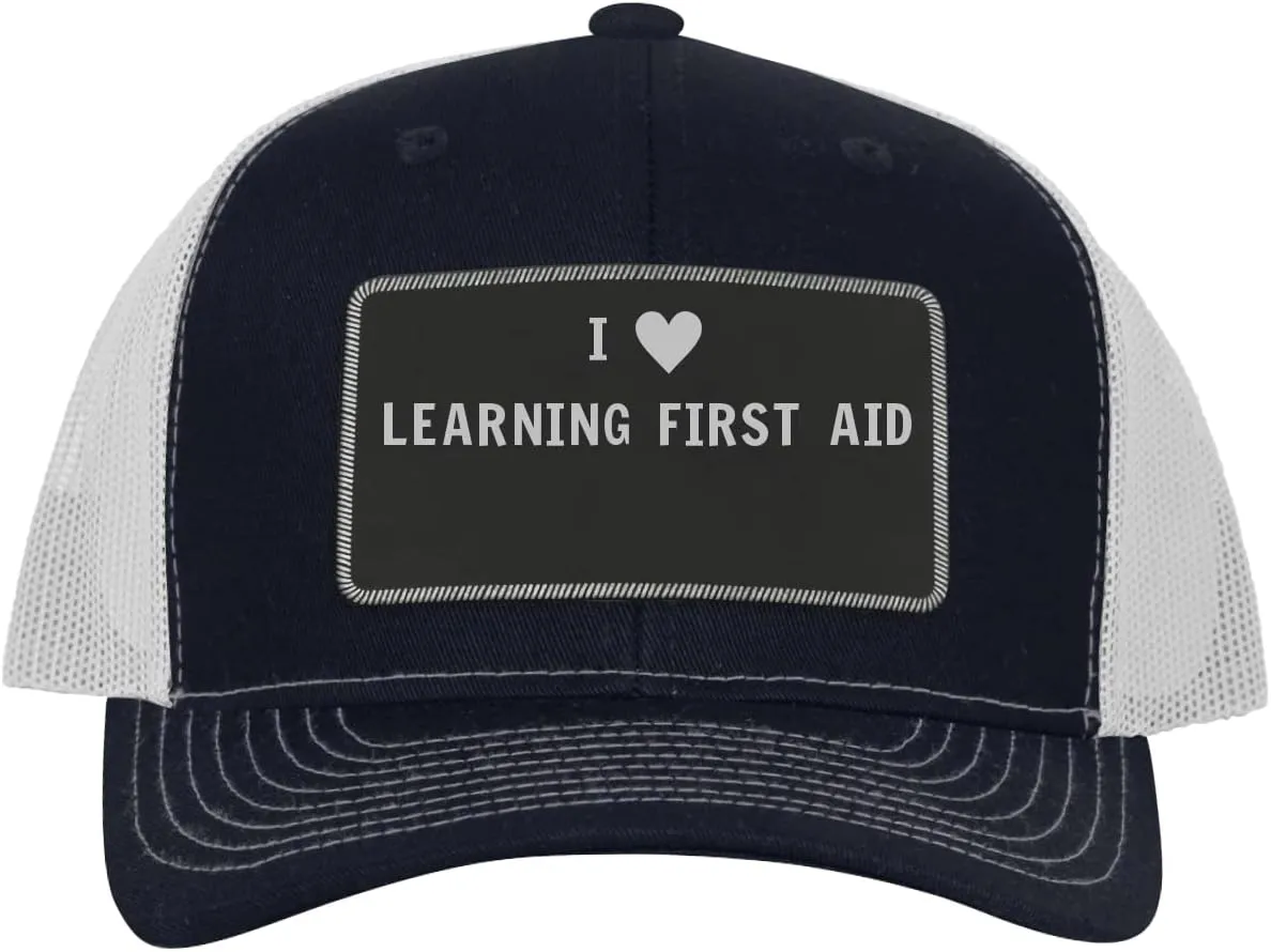 I Heart Love Learning First Aid - Leather Black Patch Engraved Trucker Hat