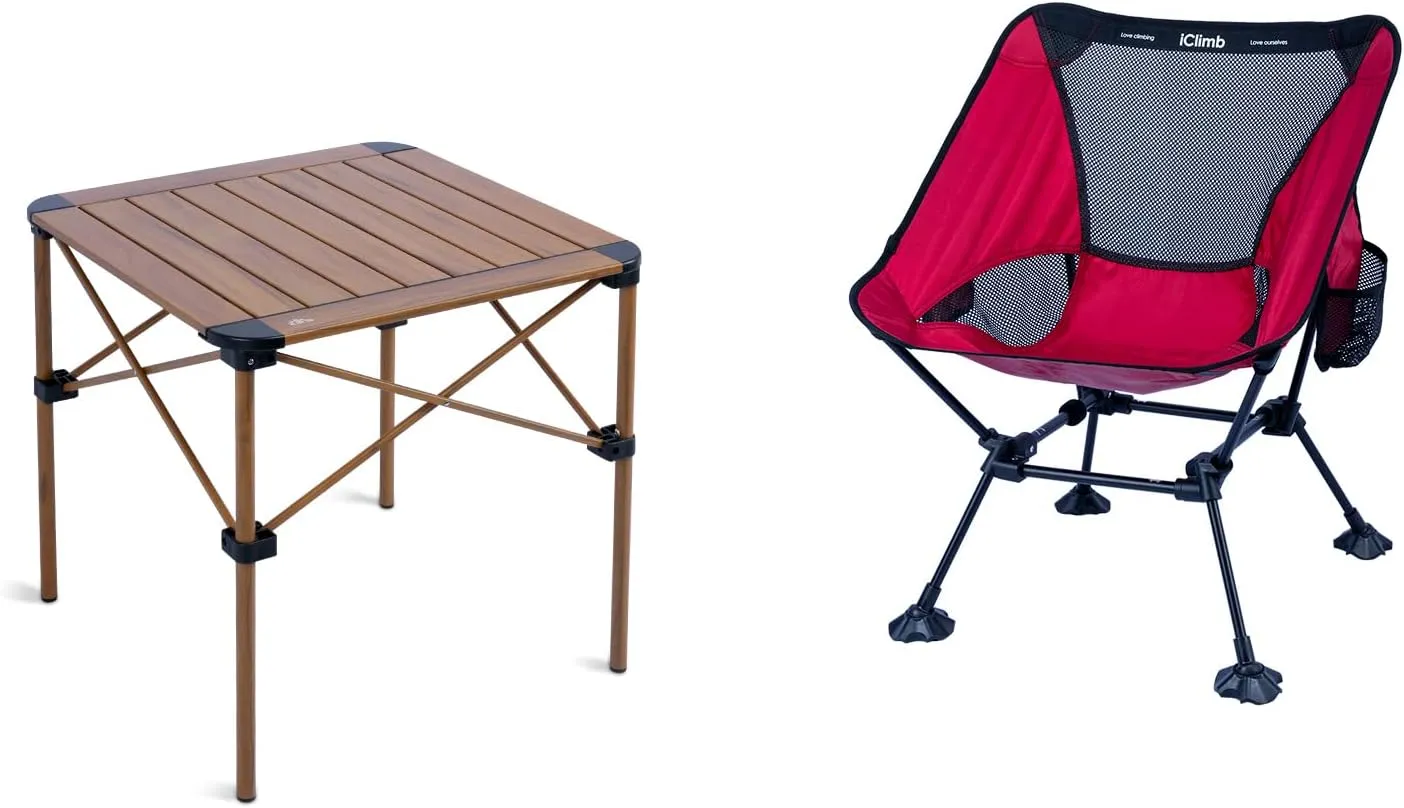 iClimb 1 Ultralight Compact Anti-Sinking Large Feet Chair and 1 Lightweight Stable Folding Square Table Bundle, for Single Adult Outdoor Backpacking Hiking Camping Beach Concert