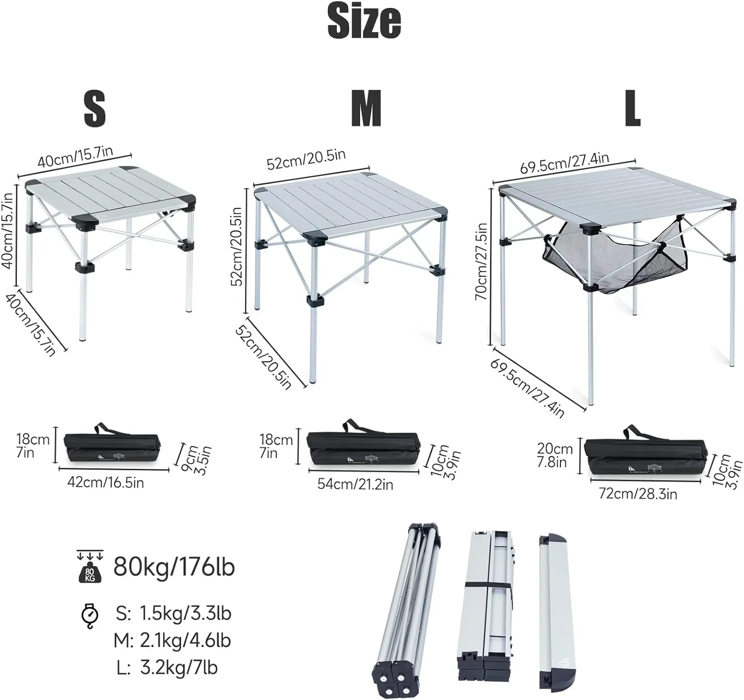 iClimb Lightweight Stable Alu. Folding Square Table Roll Up Top with Carry Bag for Camping Picnic Backyards BBQ Camp Kitchen (Silver, L)