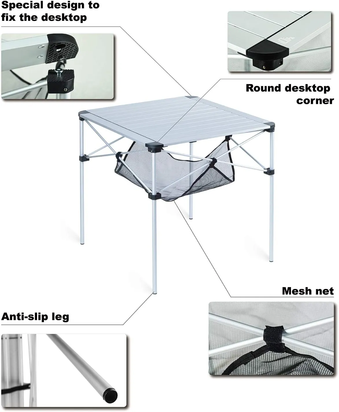 iClimb Lightweight Stable Alu. Folding Square Table Roll Up Top with Carry Bag for Camping Picnic Backyards BBQ Camp Kitchen (Silver, L)
