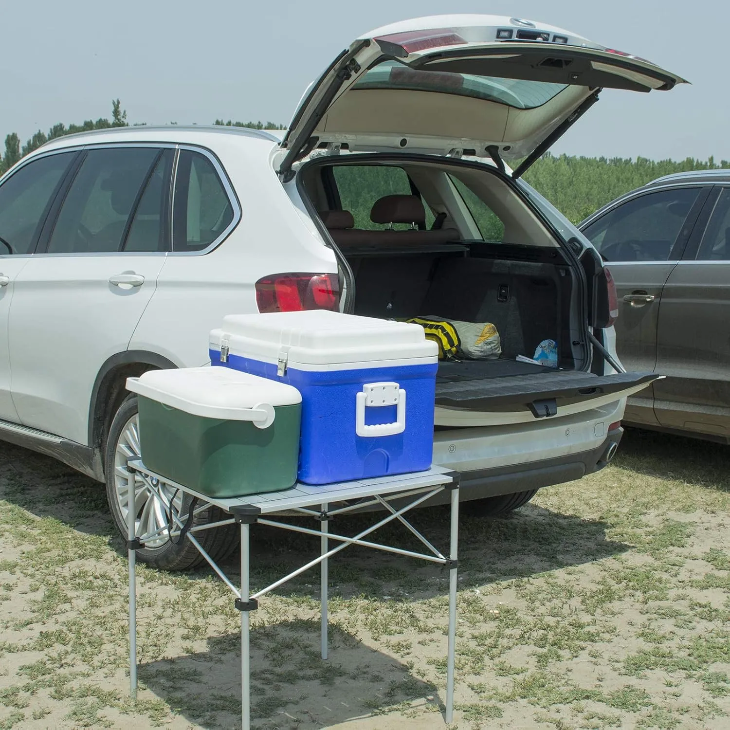 iClimb Lightweight Stable Alu. Folding Square Table Roll Up Top with Carry Bag for Camping Picnic Backyards BBQ Camp Kitchen (Silver, L)