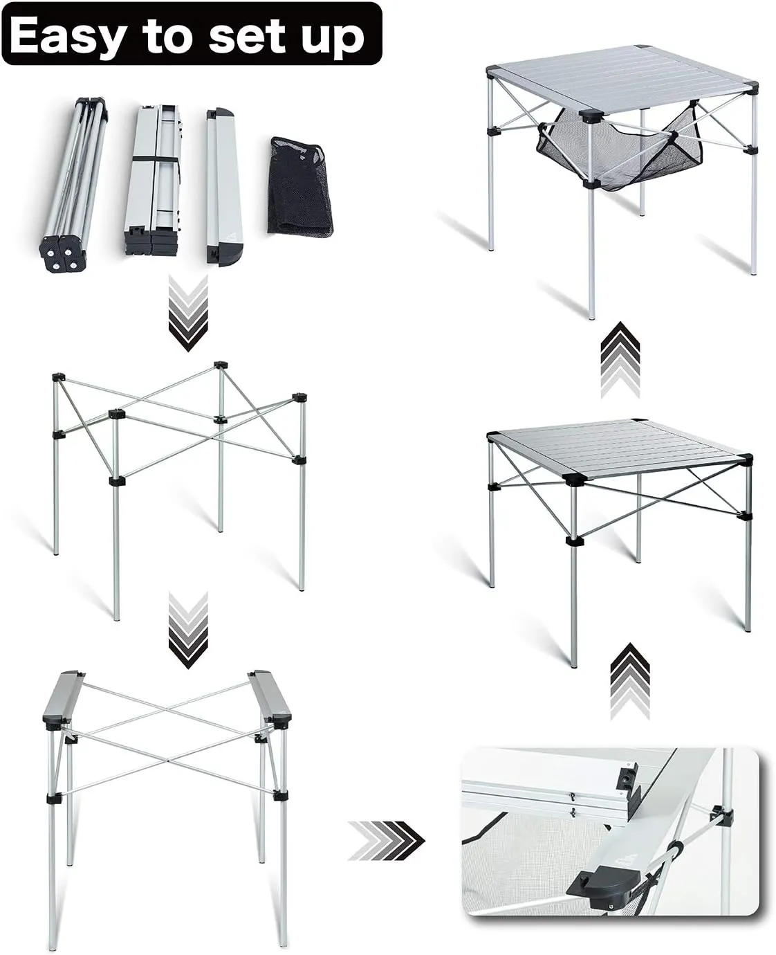 iClimb Lightweight Stable Alu. Folding Square Table Roll Up Top with Carry Bag for Camping Picnic Backyards BBQ Camp Kitchen (Silver, L)